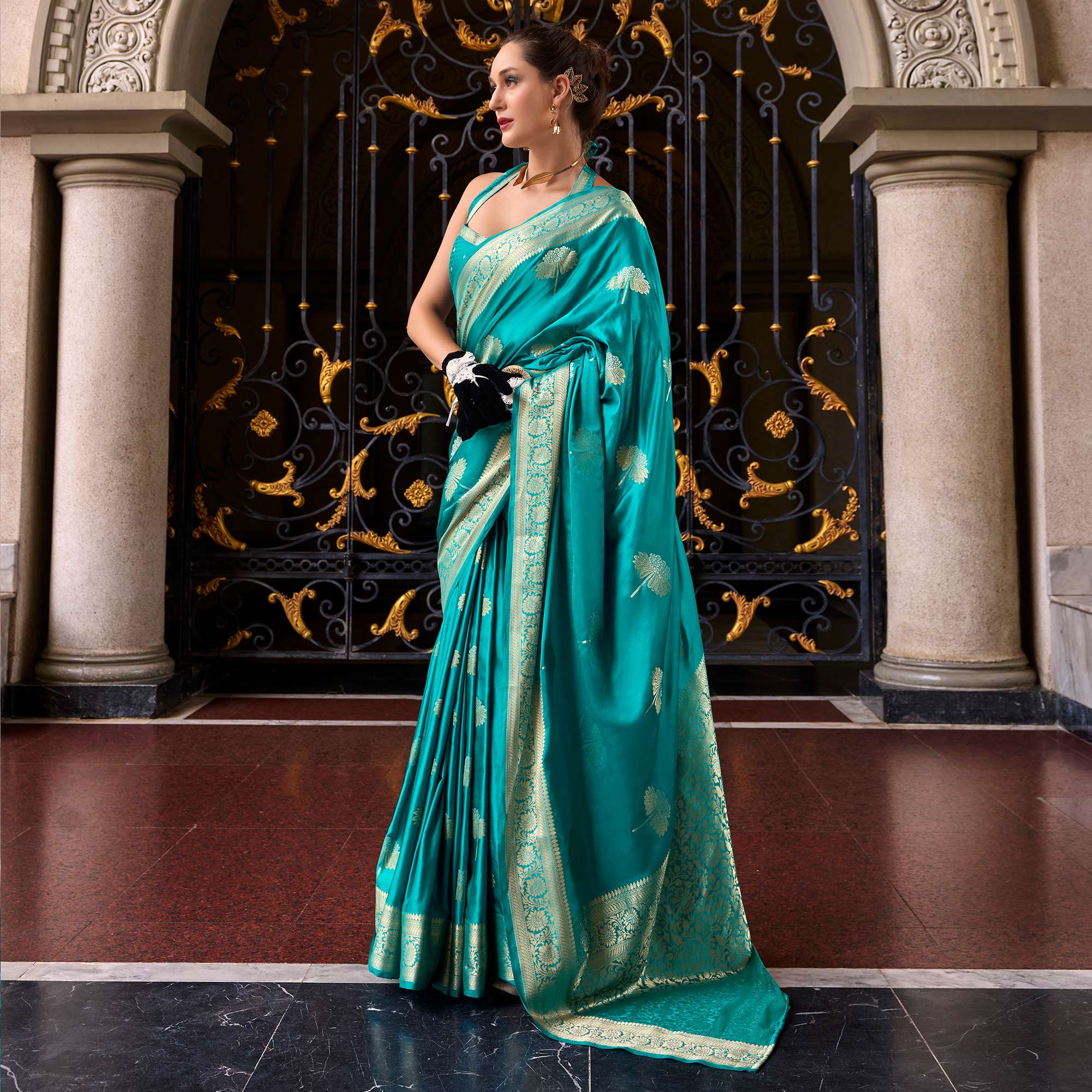 Turquoise Floral Woven Satin Silk Saree