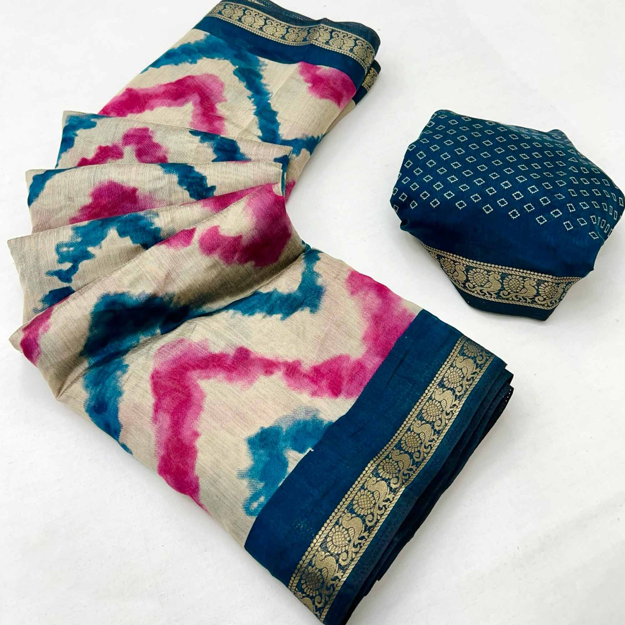 Off White & Blue Dual Shade Saree with Artistic Leheriya Prints in Cotton Silk