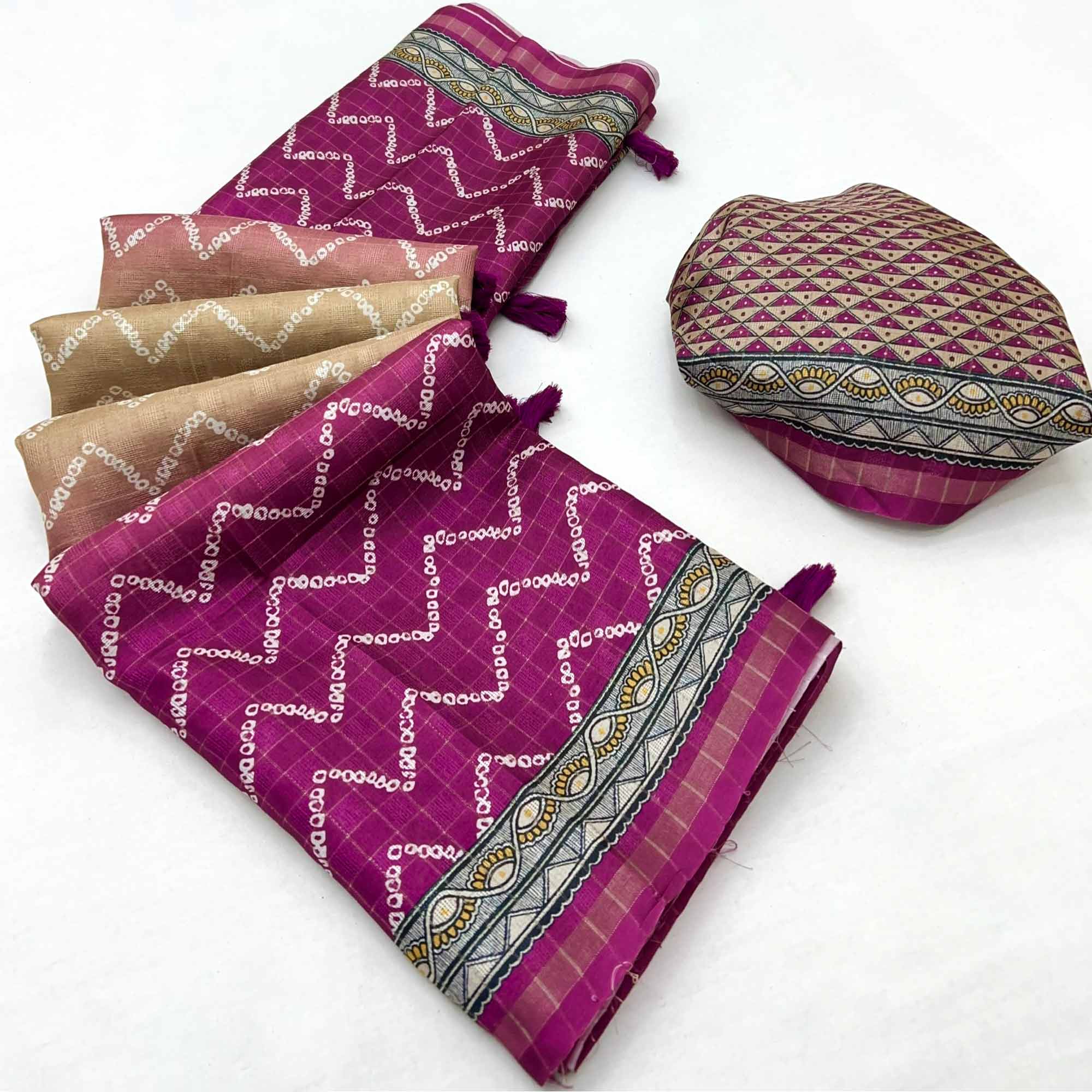 Beige & Purple Maheshwari Cotton Silk Saree with Zig-Zag Pattern