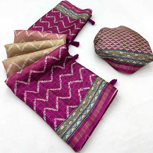 Beige & Purple Maheshwari Cotton Silk Saree with Zig-Zag Pattern