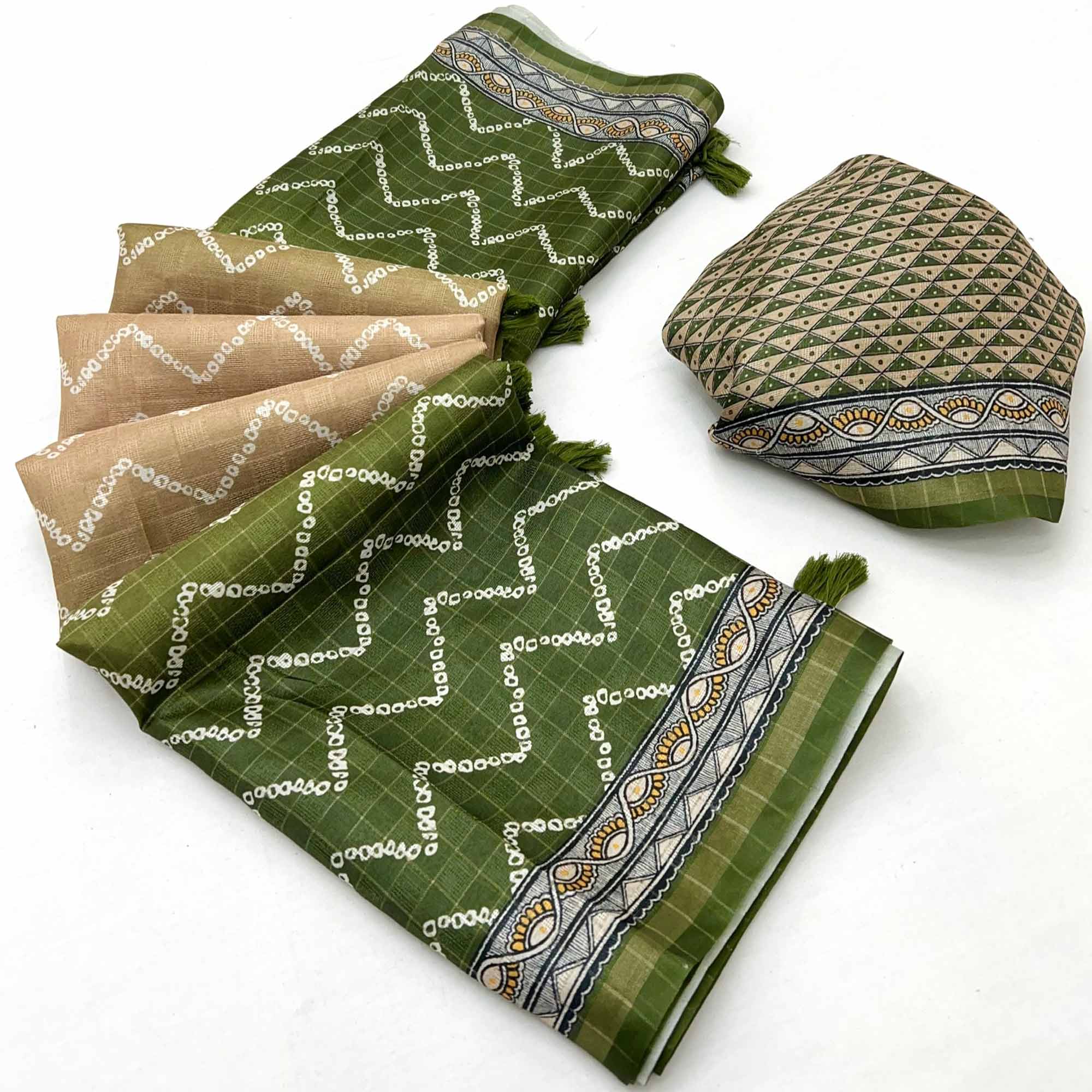 Beige & Green Maheshwari Cotton Silk Saree with Zig-Zag Pattern