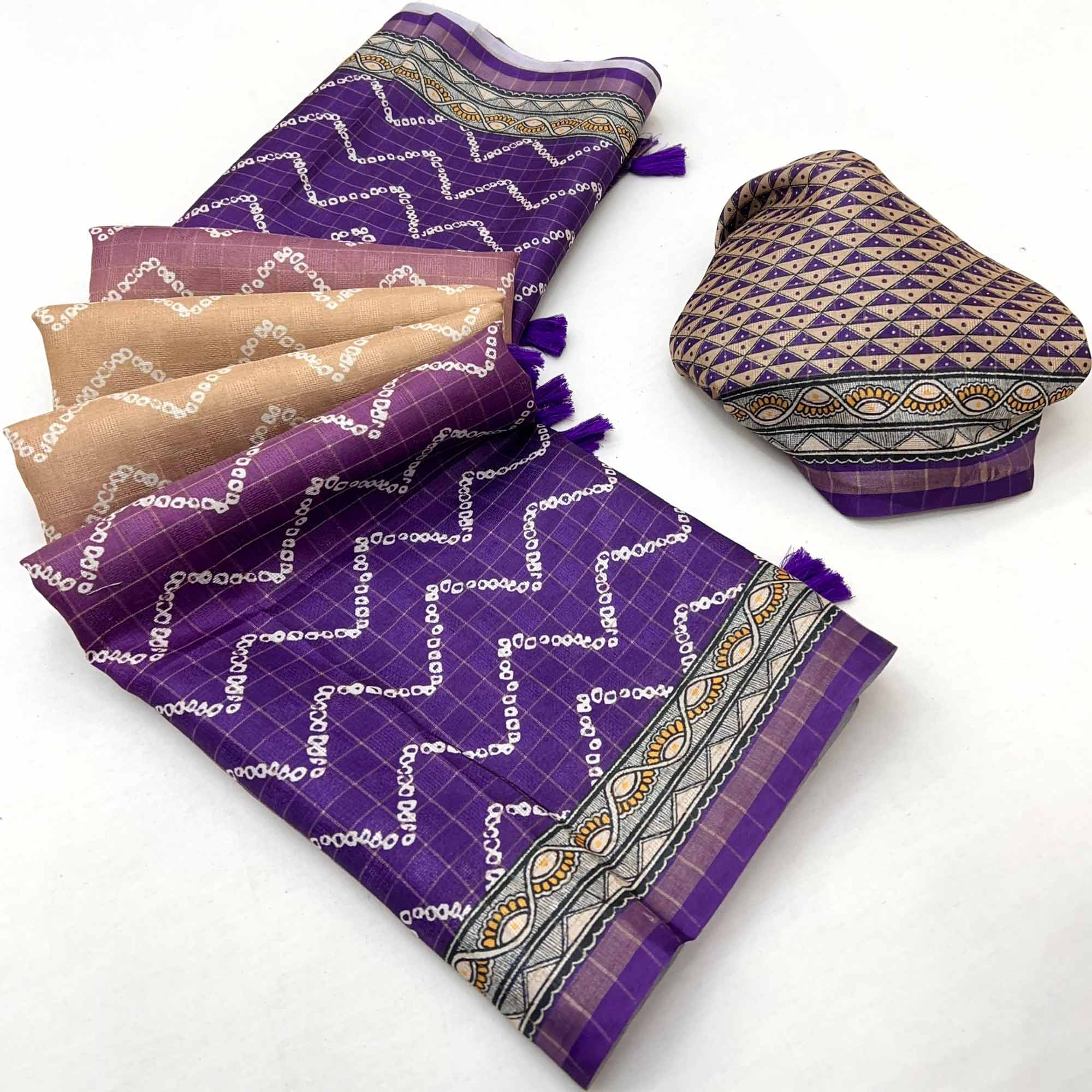 Beige & Violet Maheshwari Cotton Silk Saree with Zig-Zag Pattern