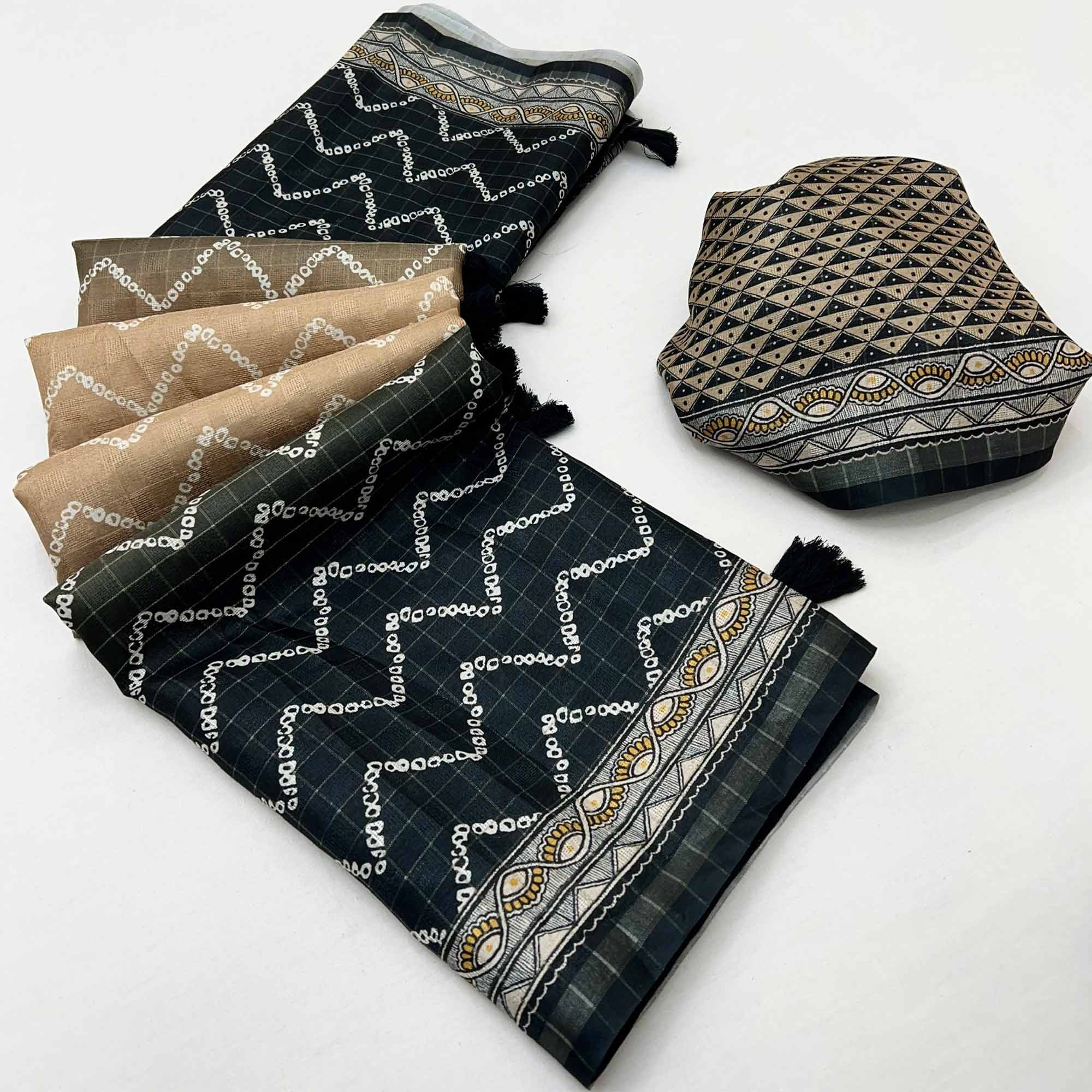 Beige & Black Maheshwari Cotton Silk Saree with Zig-Zag Pattern