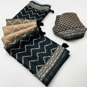 Beige & Black Maheshwari Cotton Silk Saree with Zig-Zag Pattern