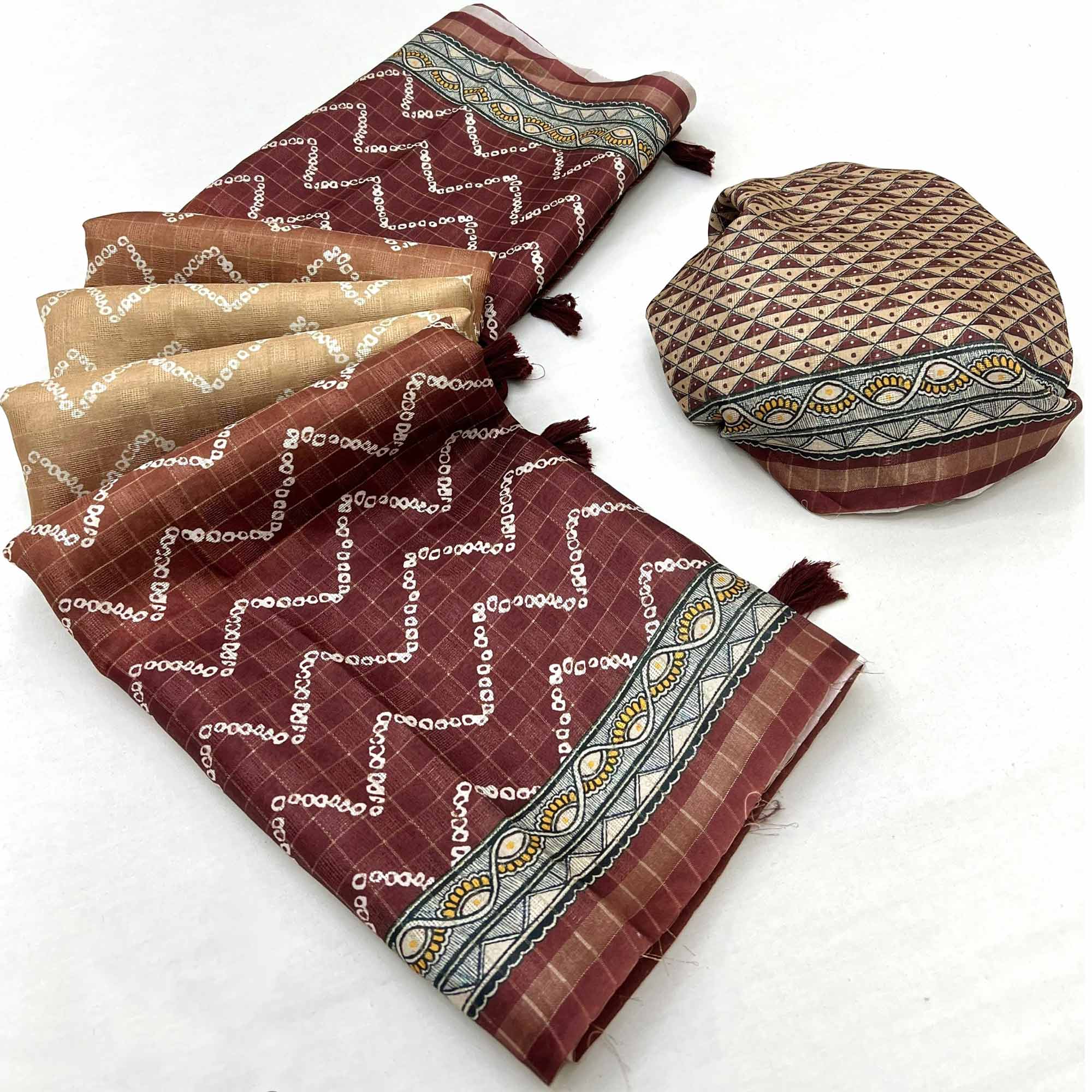 Beige & Brown Maheshwari Cotton Silk Saree with Zig-Zag Pattern