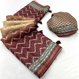 Beige & Brown Maheshwari Cotton Silk Saree with Zig-Zag Pattern