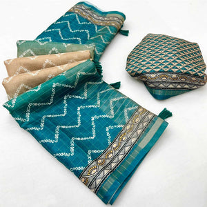 Beige & Teal Maheshwari Cotton Silk Saree with Zig-Zag Pattern