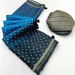 Vibrant Blue Maheshwari Cotton Silk Saree Featuring Classic Bandhani Prints