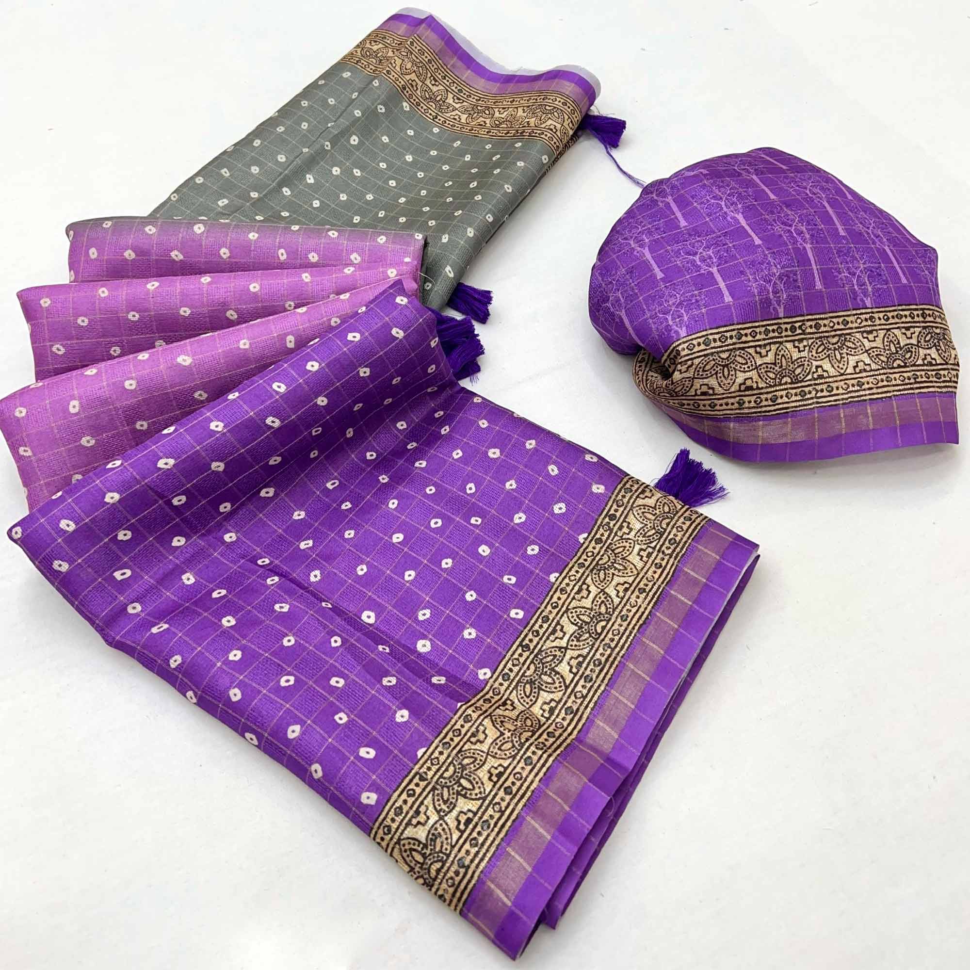 Violet Bandhani Print Saree in Elegant Maheshwari Cotton Silk
