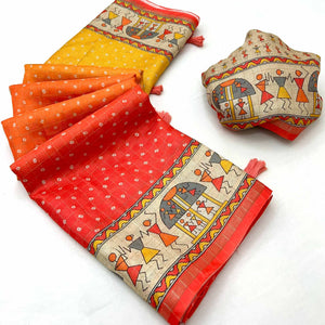 Multicolor Bandhani Printed Maheshwari Cotton Silk Saree for Festive Charm