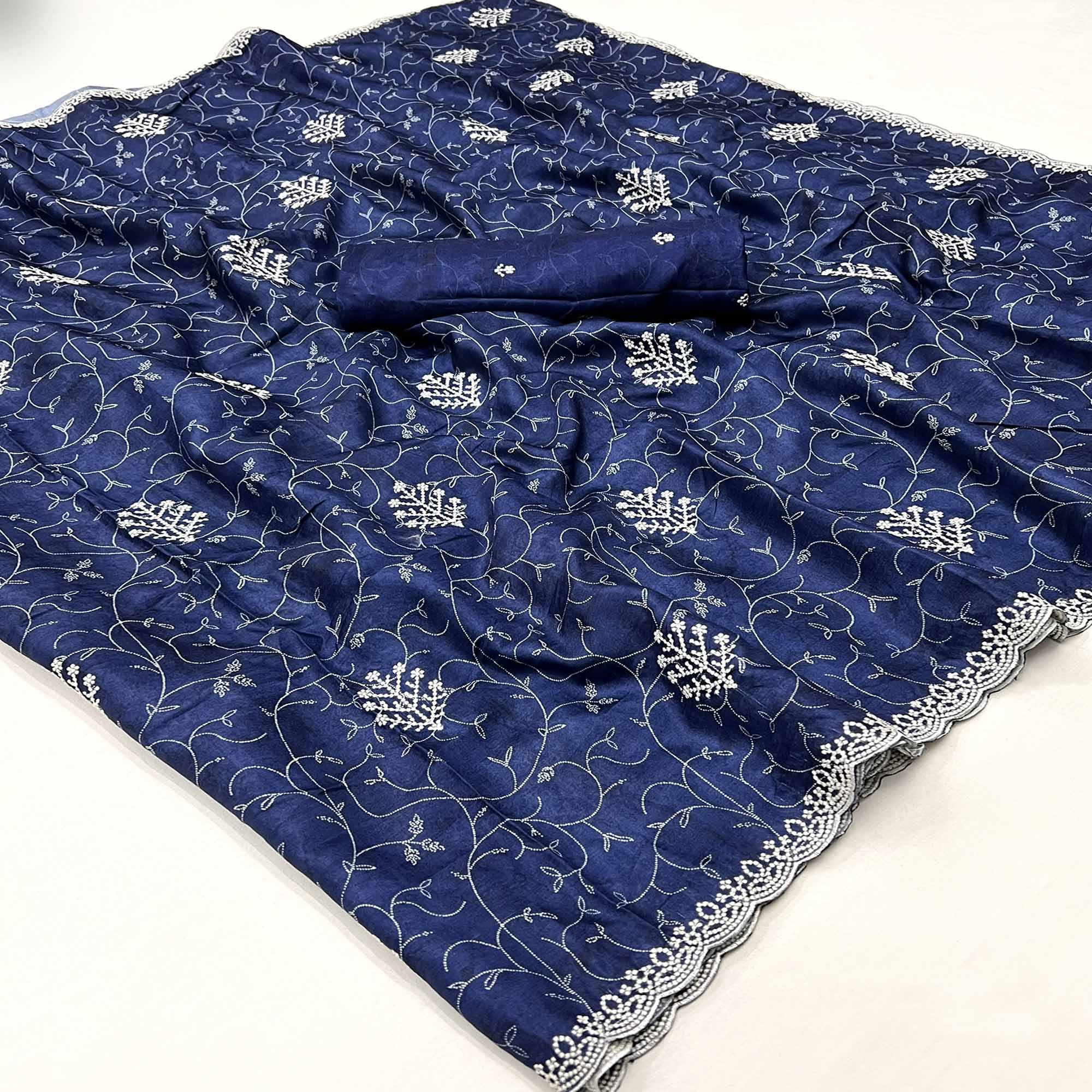 Blue Floral Embroidered Dola Silk Saree