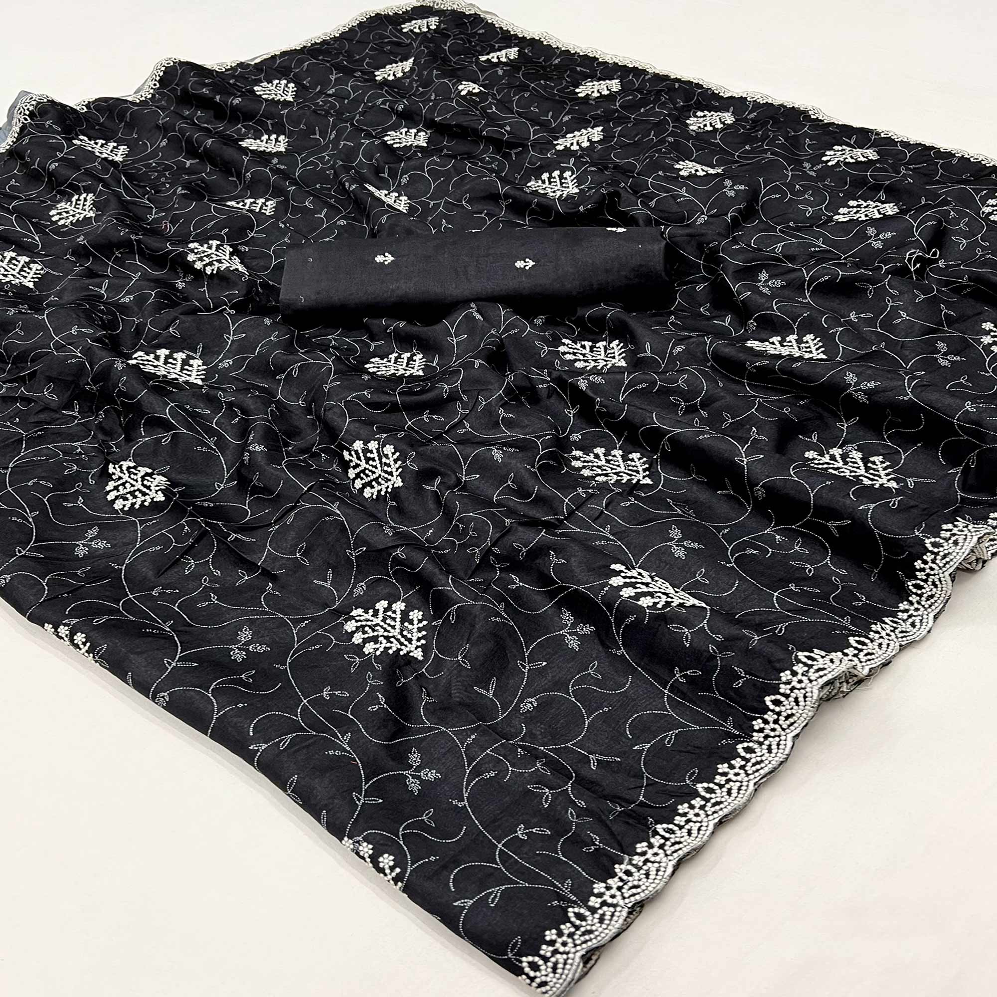 Black Floral Embroidered Dola Silk Saree