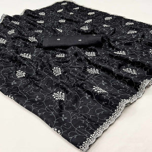 Black Floral Embroidered Dola Silk Saree