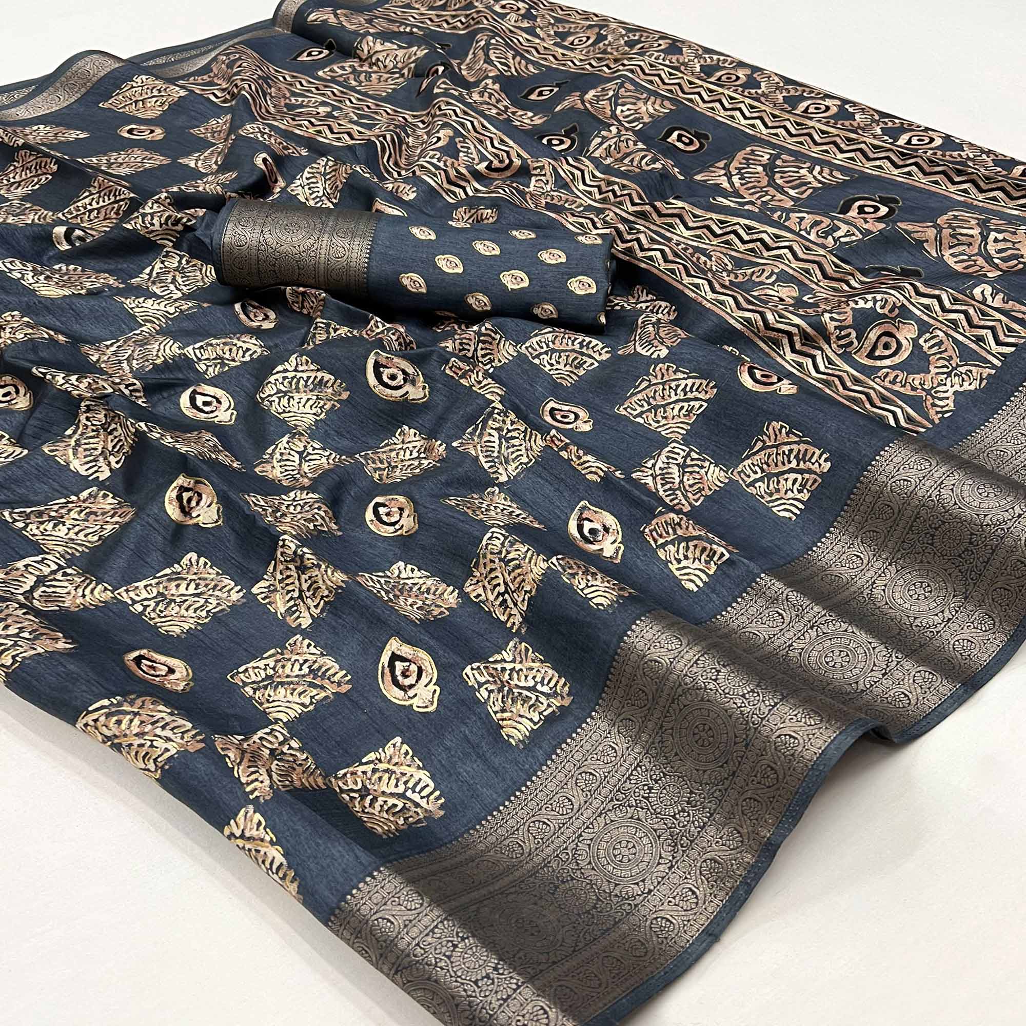Grey Foil Printed Dola Silk Saree With Jacquard Border