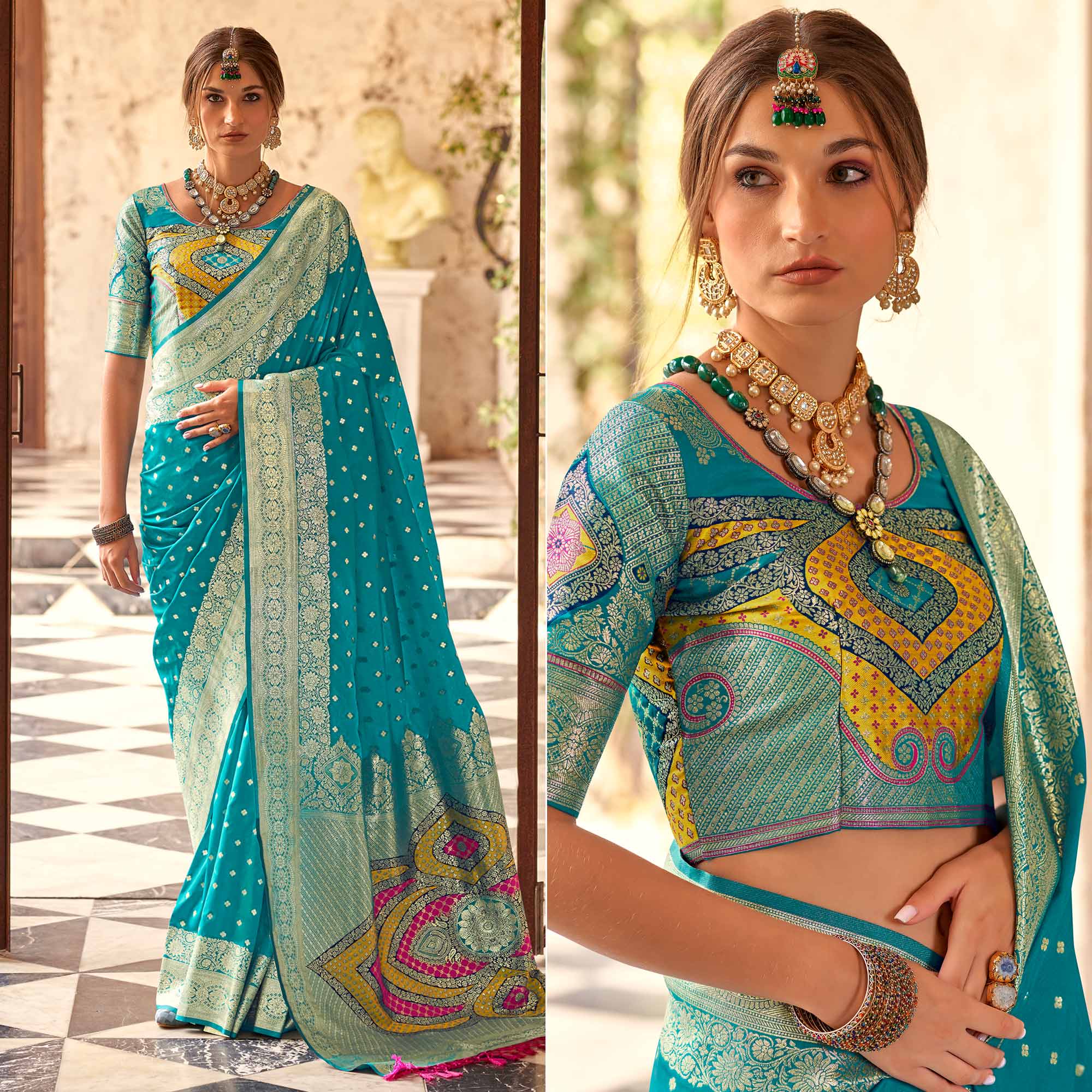 Blue Floral Woven Banarasi Silk Saree With Tassels