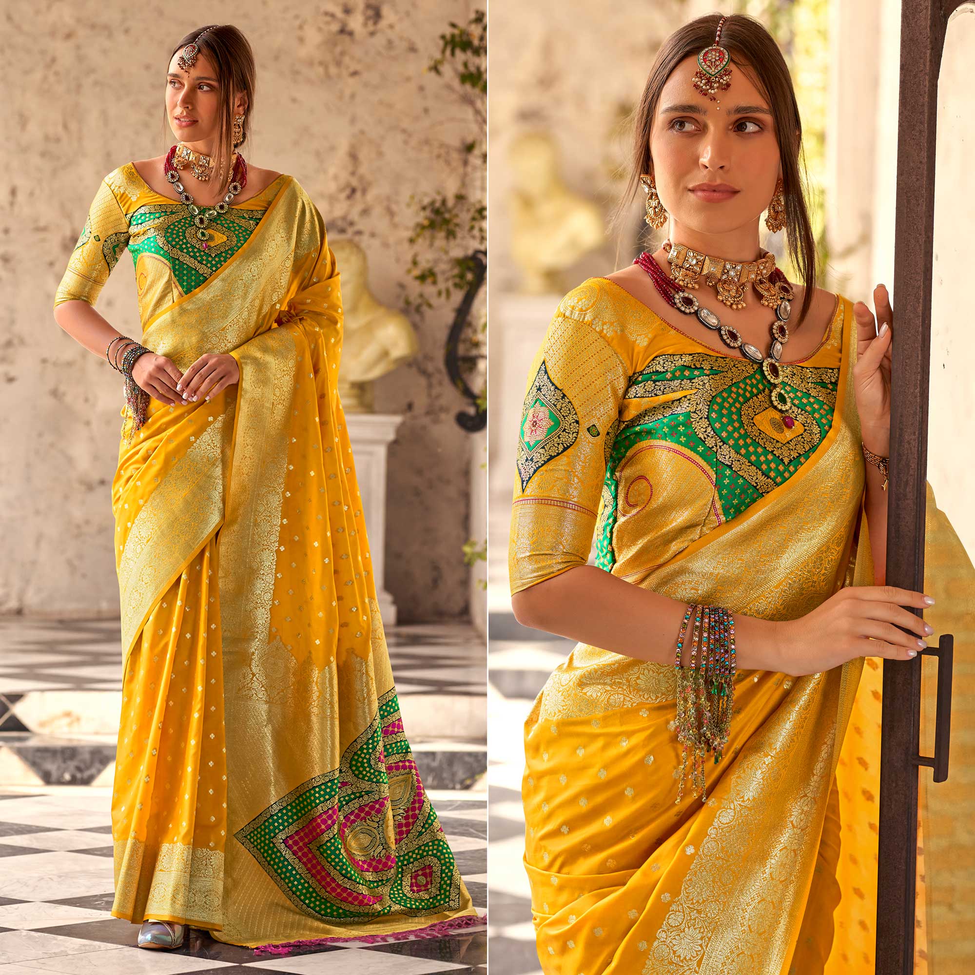 Yellow Floral Woven Banarasi Silk Saree With Tassels