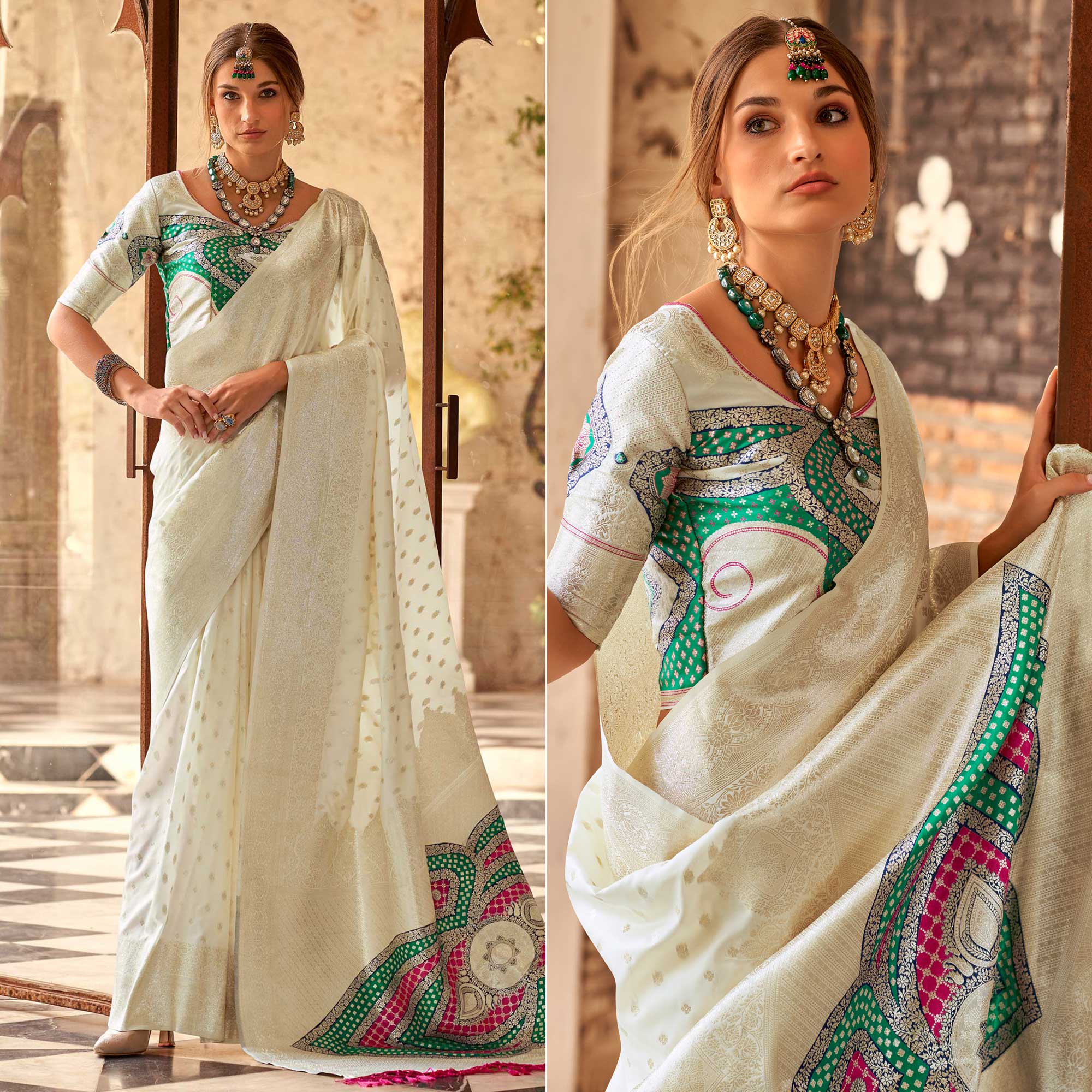 White Floral Woven Banarasi Silk Saree With Tassels