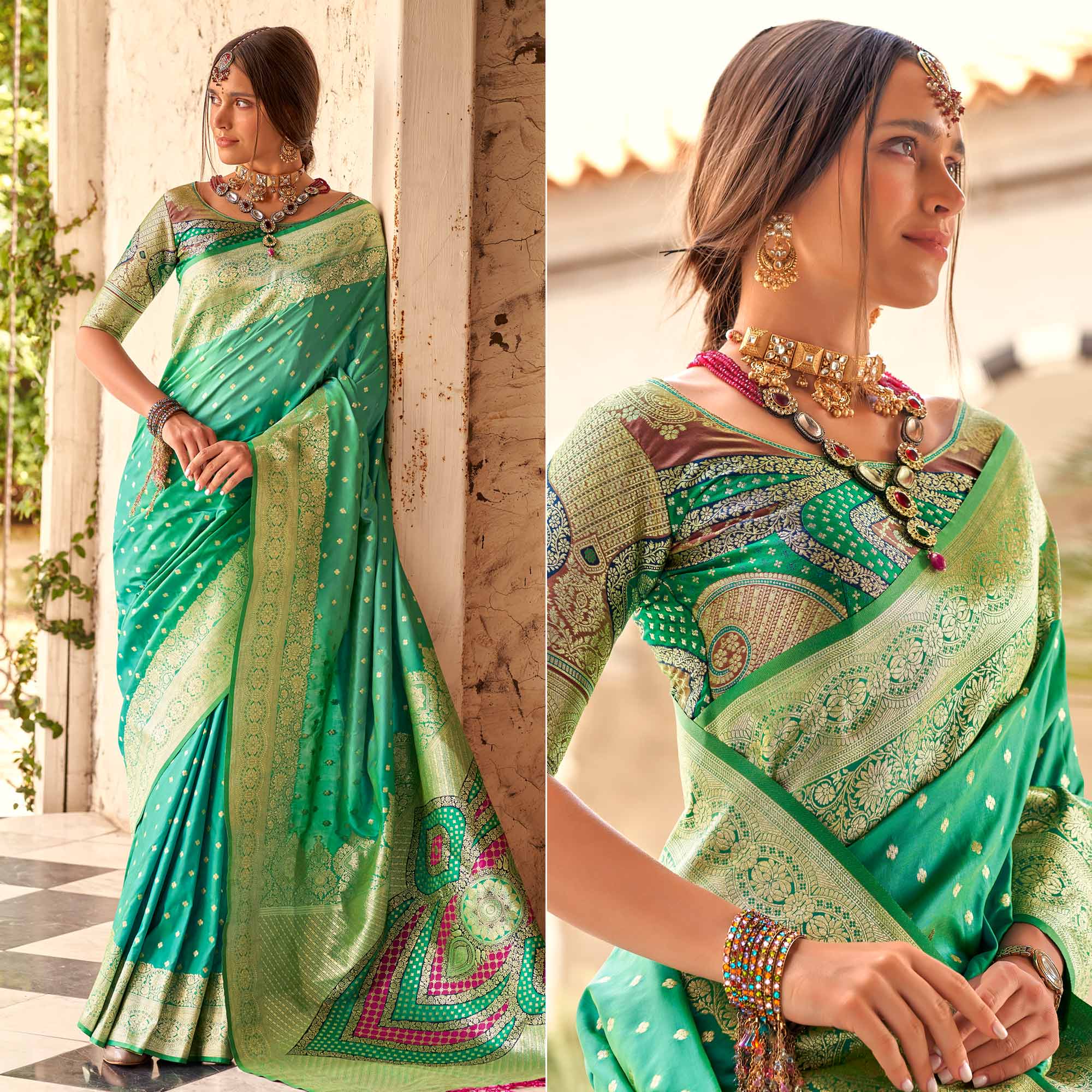 Rama Green Floral Woven Banarasi Silk Saree With Tassels