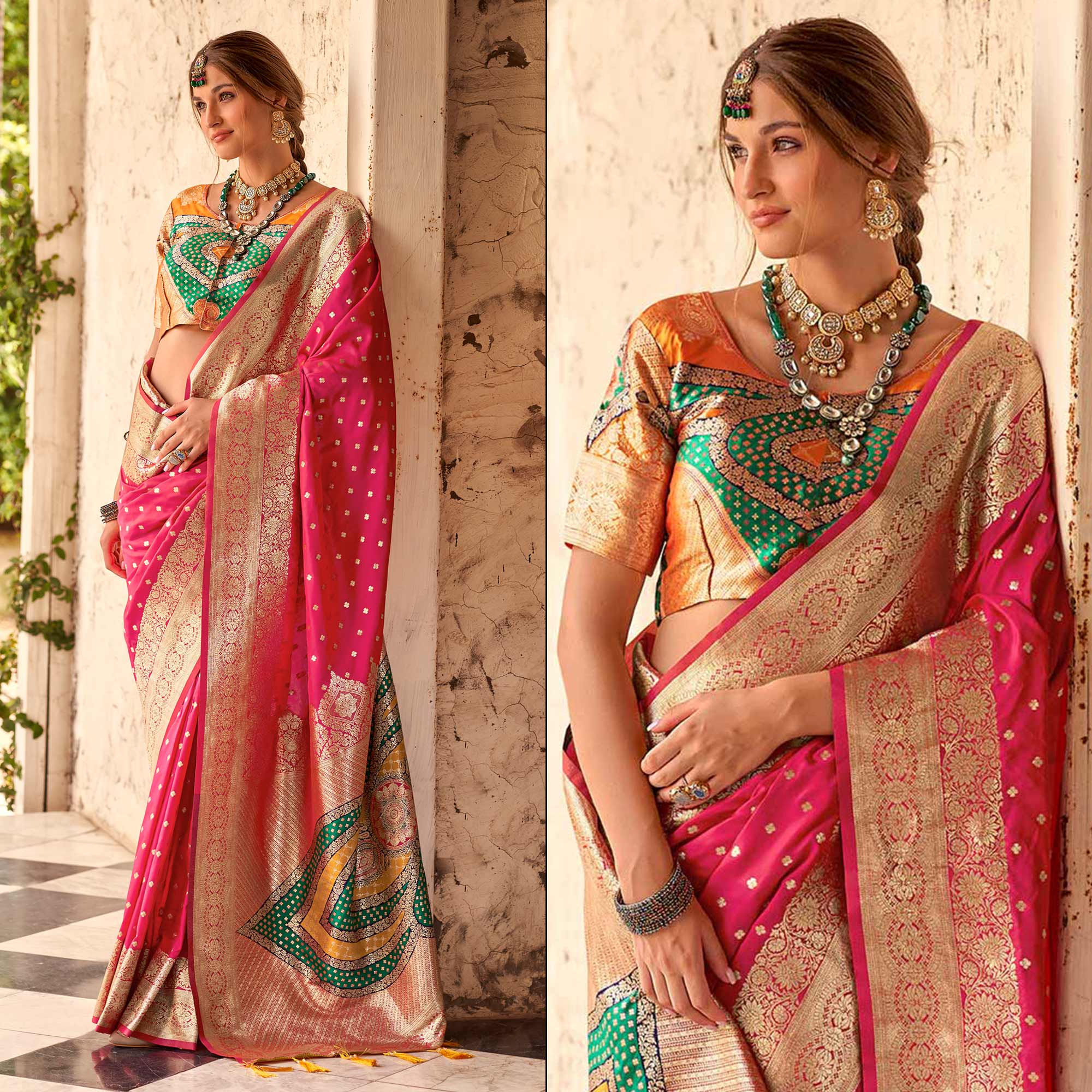 Rani Pink Floral Woven Banarasi Silk Saree With Tassels