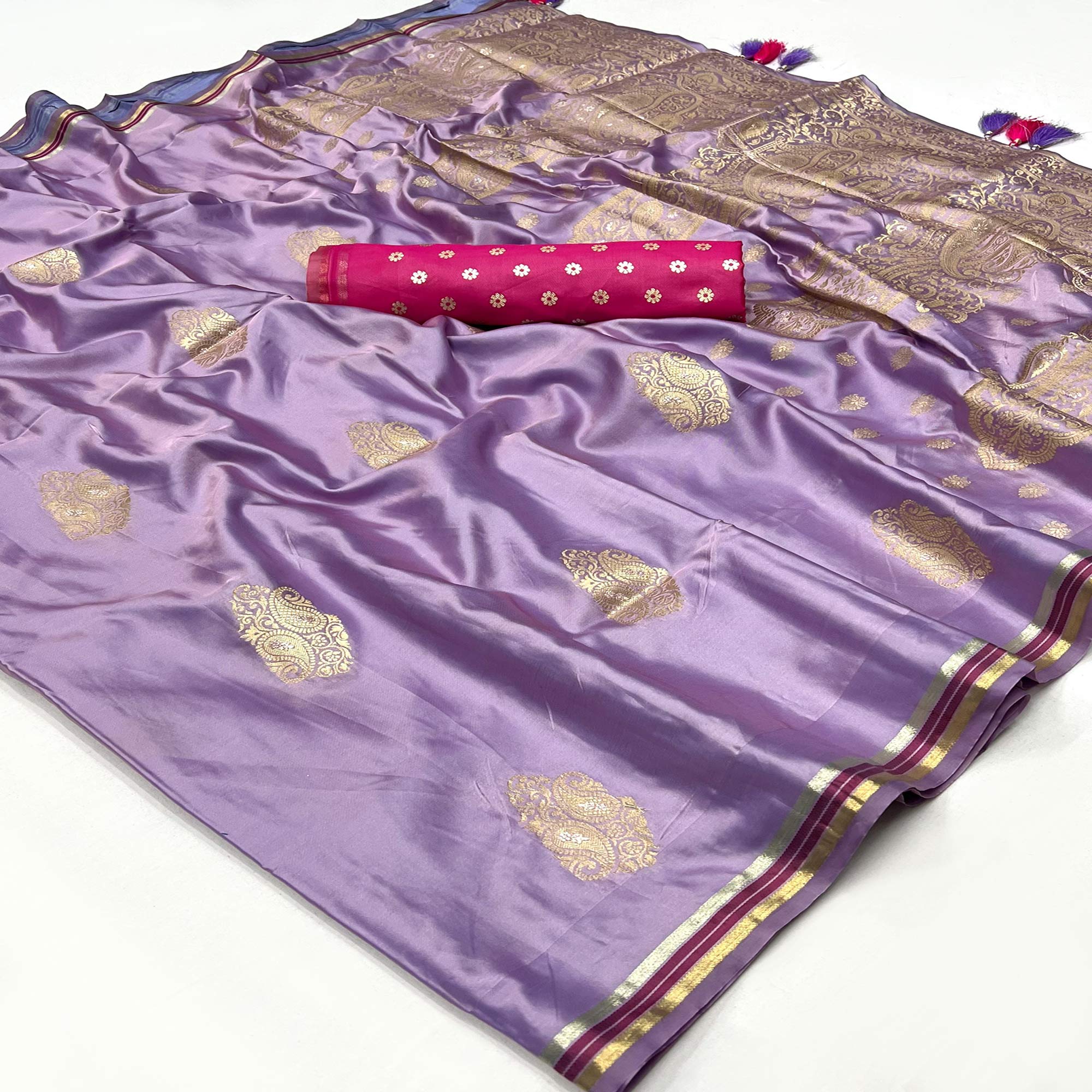 Lavender Woven Satin Saree With Tassels