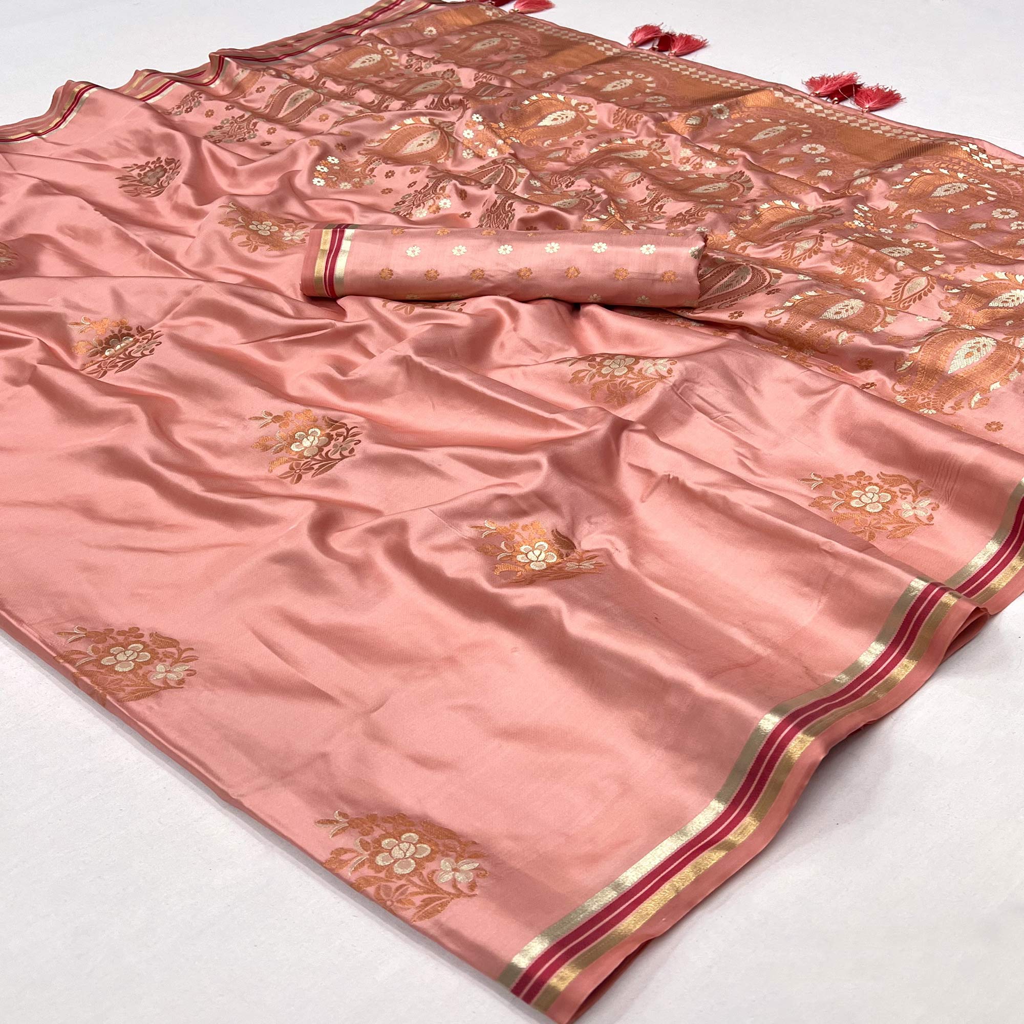 Peach Woven Satin Saree With Tassels