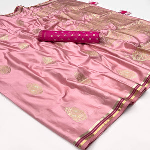 Pink Woven Satin Saree With Tassels
