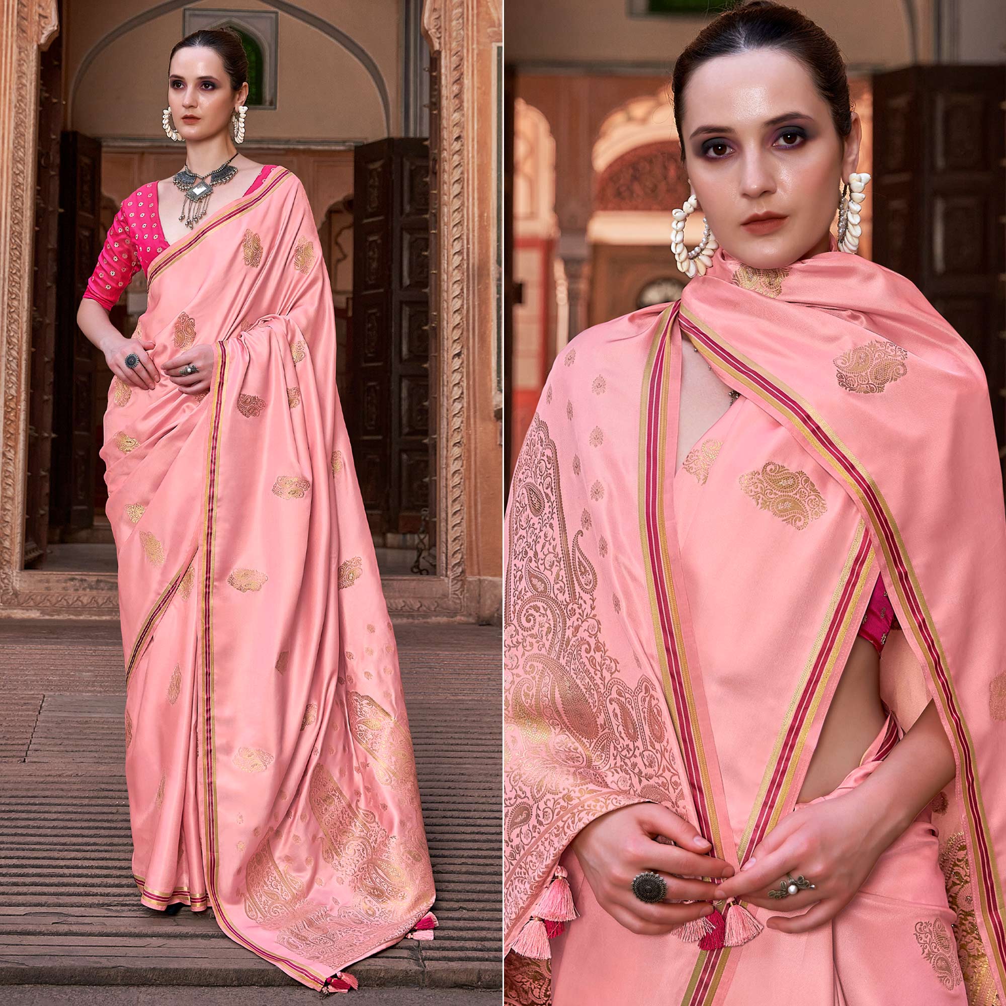 Pink Woven Satin Saree With Tassels