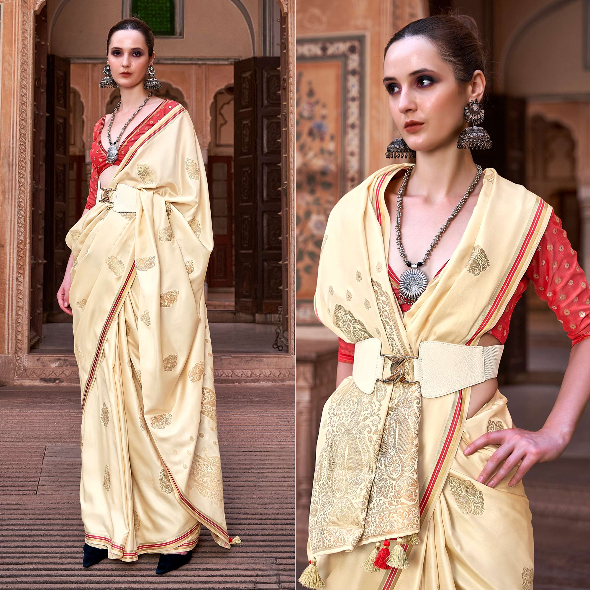Cream Woven Satin Saree With Tassels