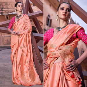 Peach Woven Satin Saree With Tassels