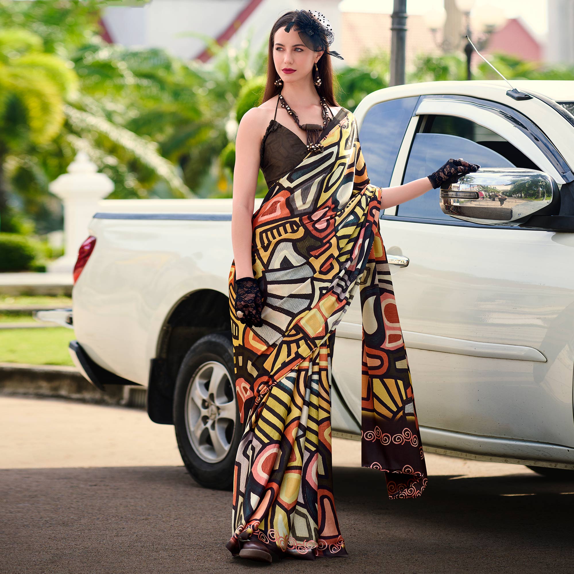 Dark Brown Digital Printed Pure Satin Saree