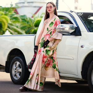 Beige Digital Printed Pure Satin Saree