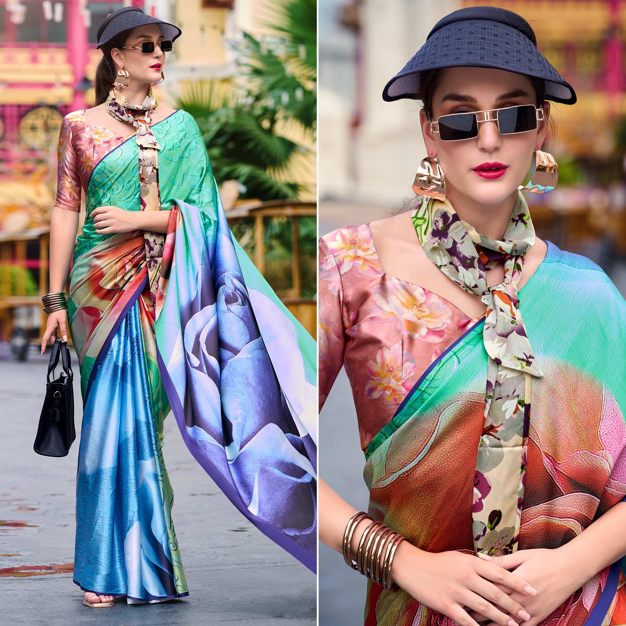 Turquoise & Blue Digital Printed Pure Satin Saree