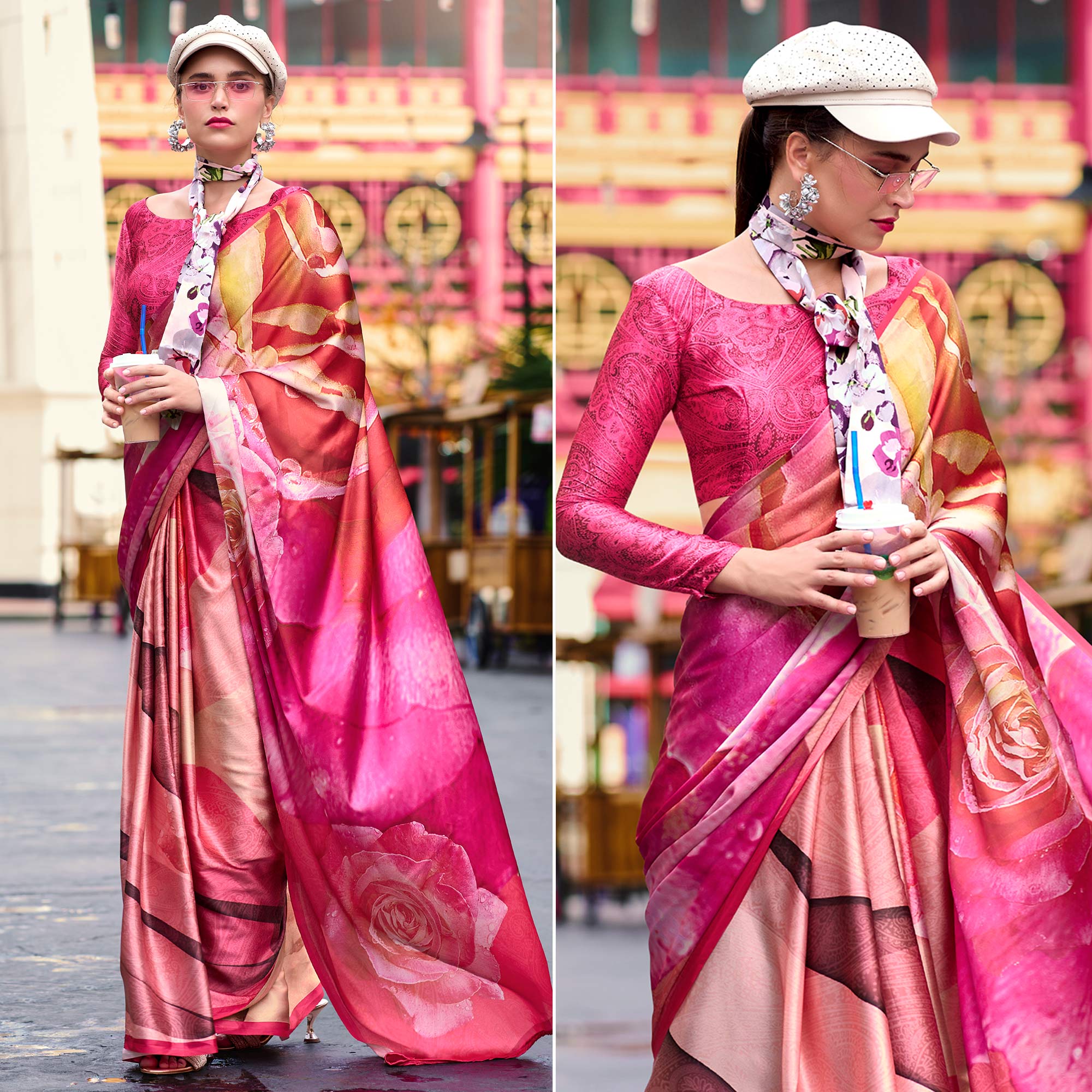 Pink Floral Digital Printed Pure Satin Saree