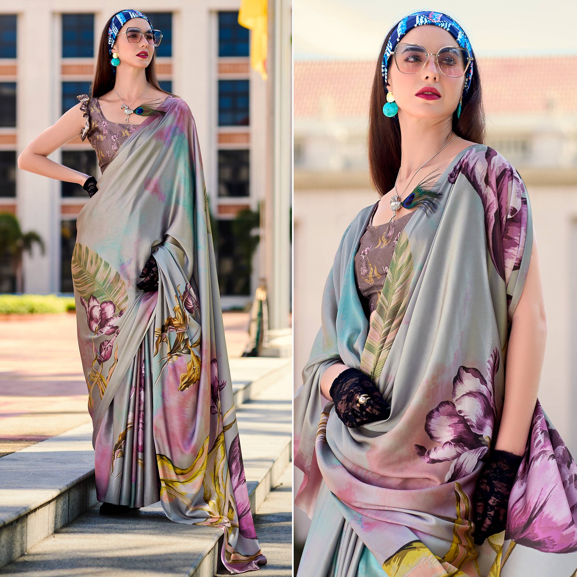 Grey Floral Digital Printed Pure Satin Saree