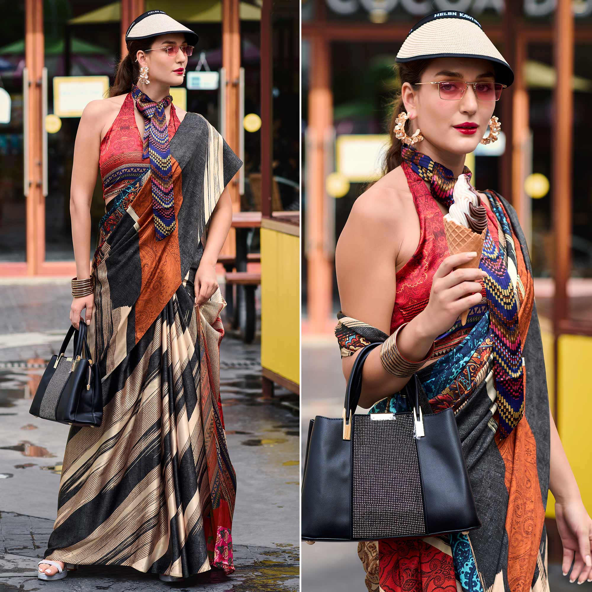 Multicolor Striped Digital Printed Pure Satin Saree