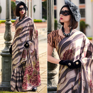 Coffee Brown Floral Digital Printed Pure Satin Saree