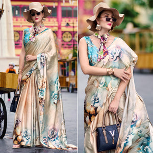 Cream Floral Digital Printed Pure Satin Saree