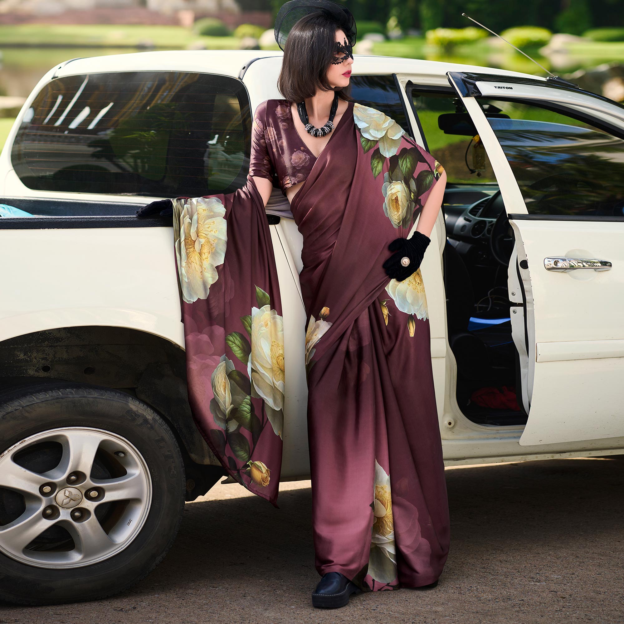 Wine Floral Digital Printed Pure Satin Saree