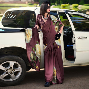 Wine Floral Digital Printed Pure Satin Saree
