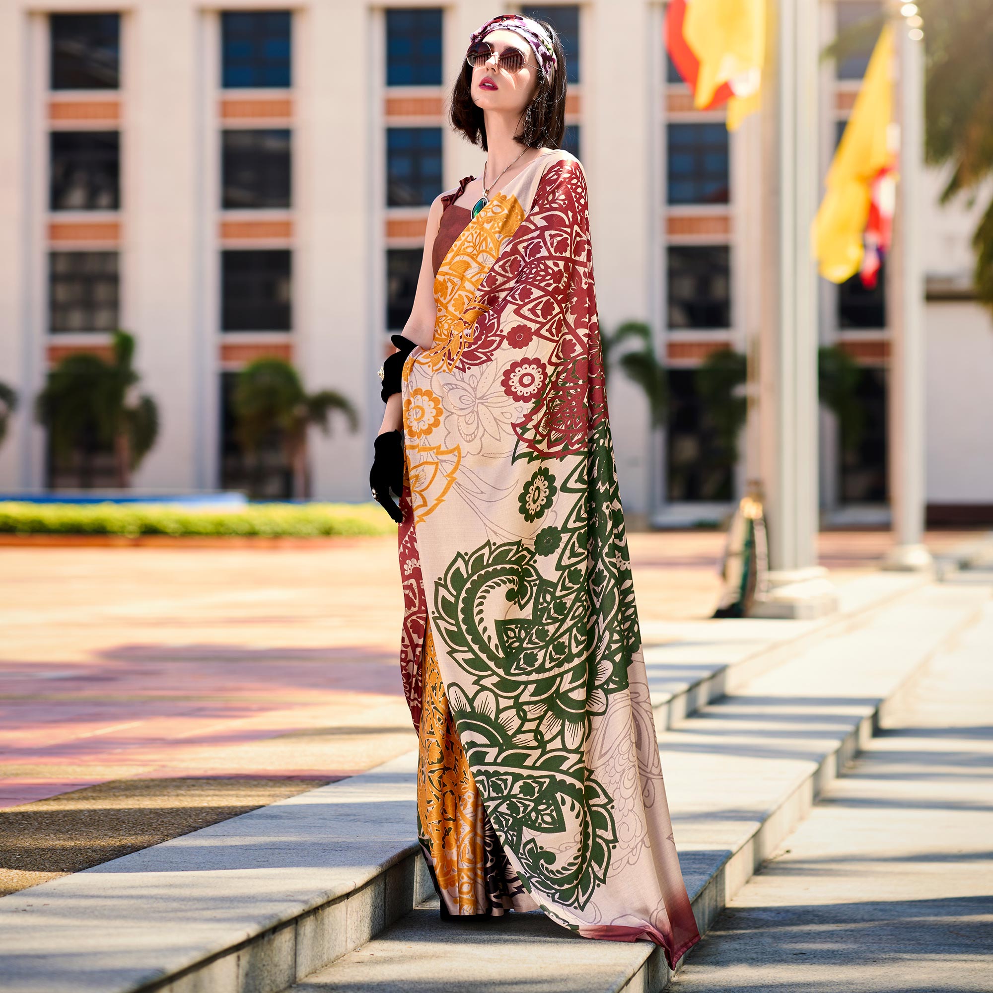 Peach Floral Digital Printed Pure Satin Saree