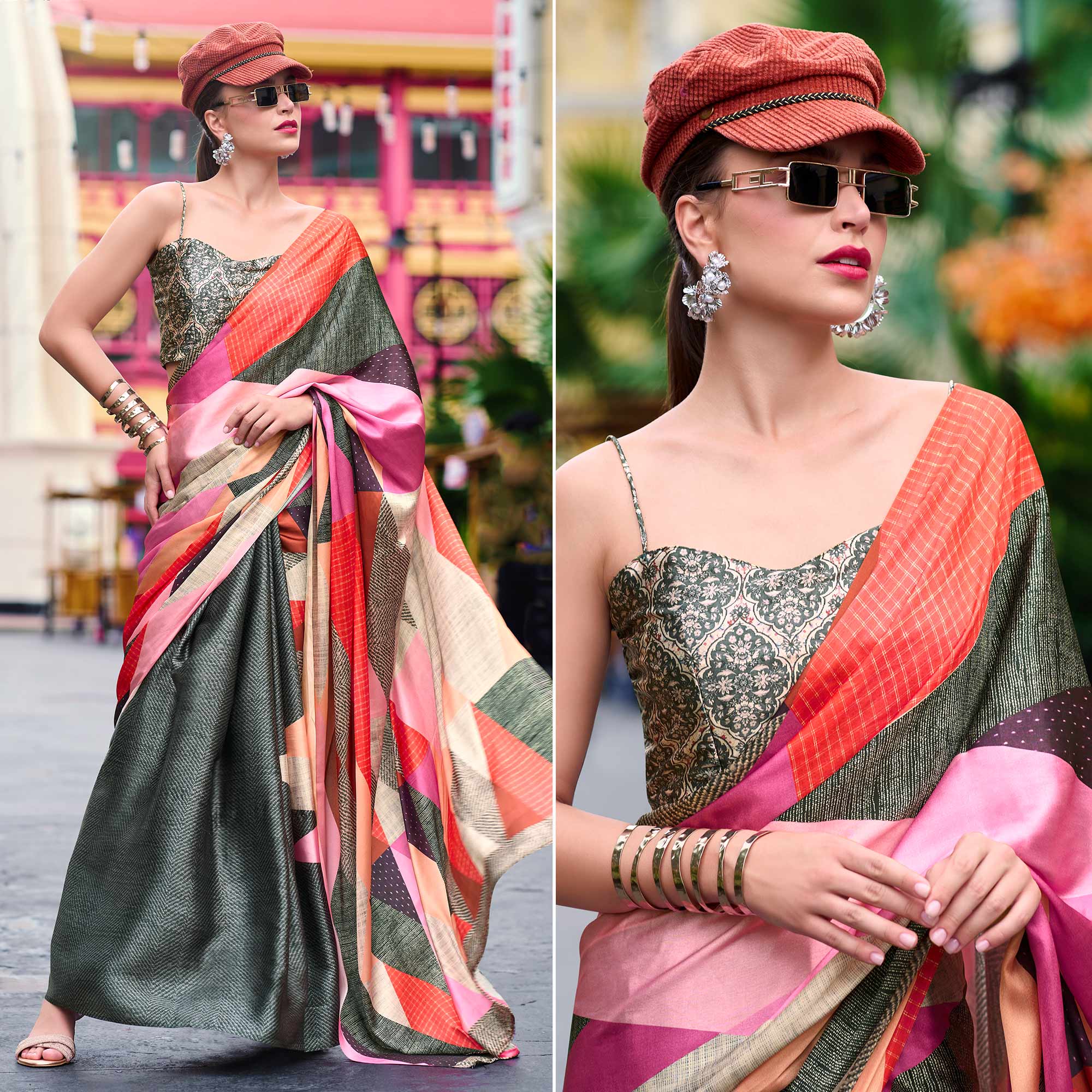 Grey Geometric Digital Printed Pure Satin Saree