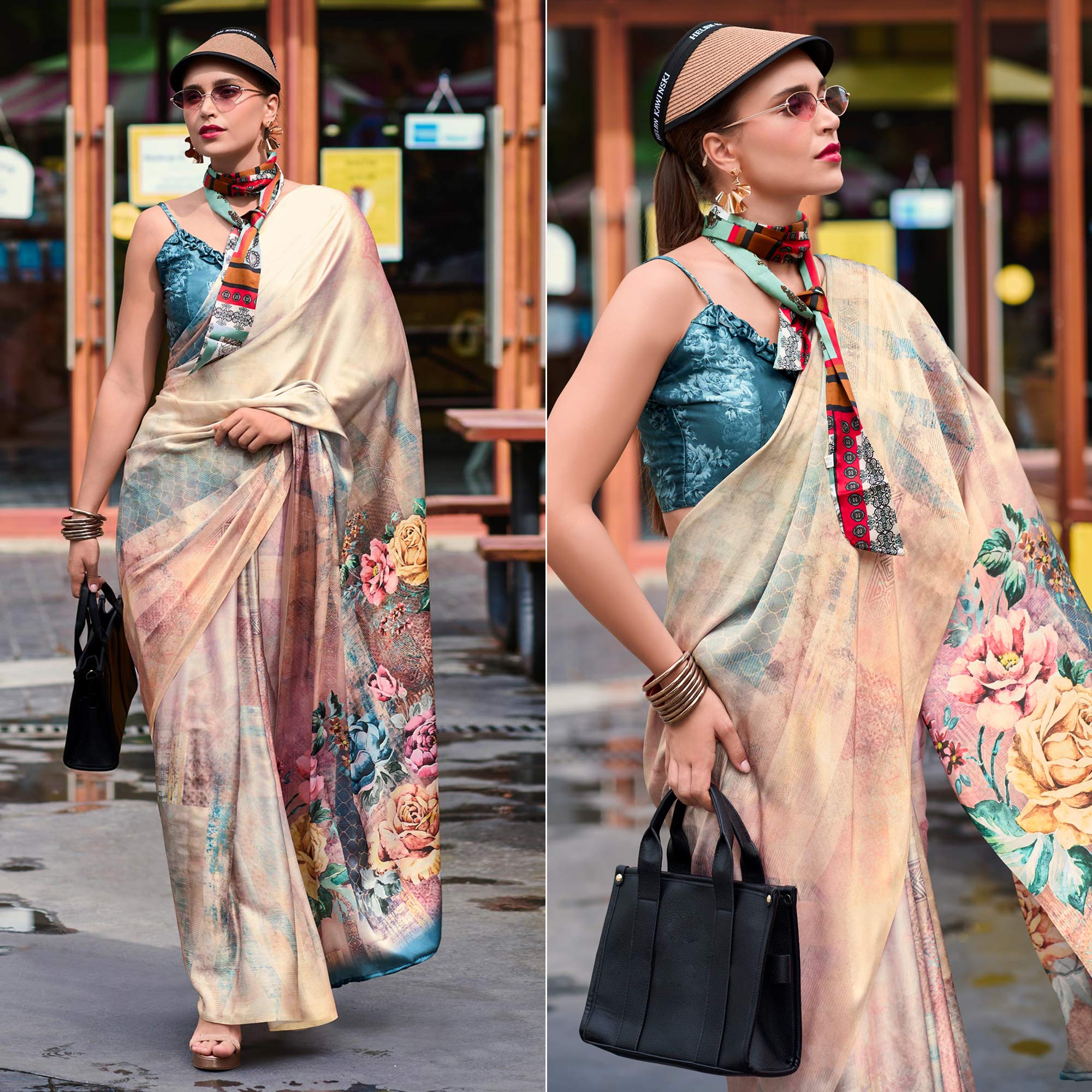 Beige Digital Printed Pure Satin Saree