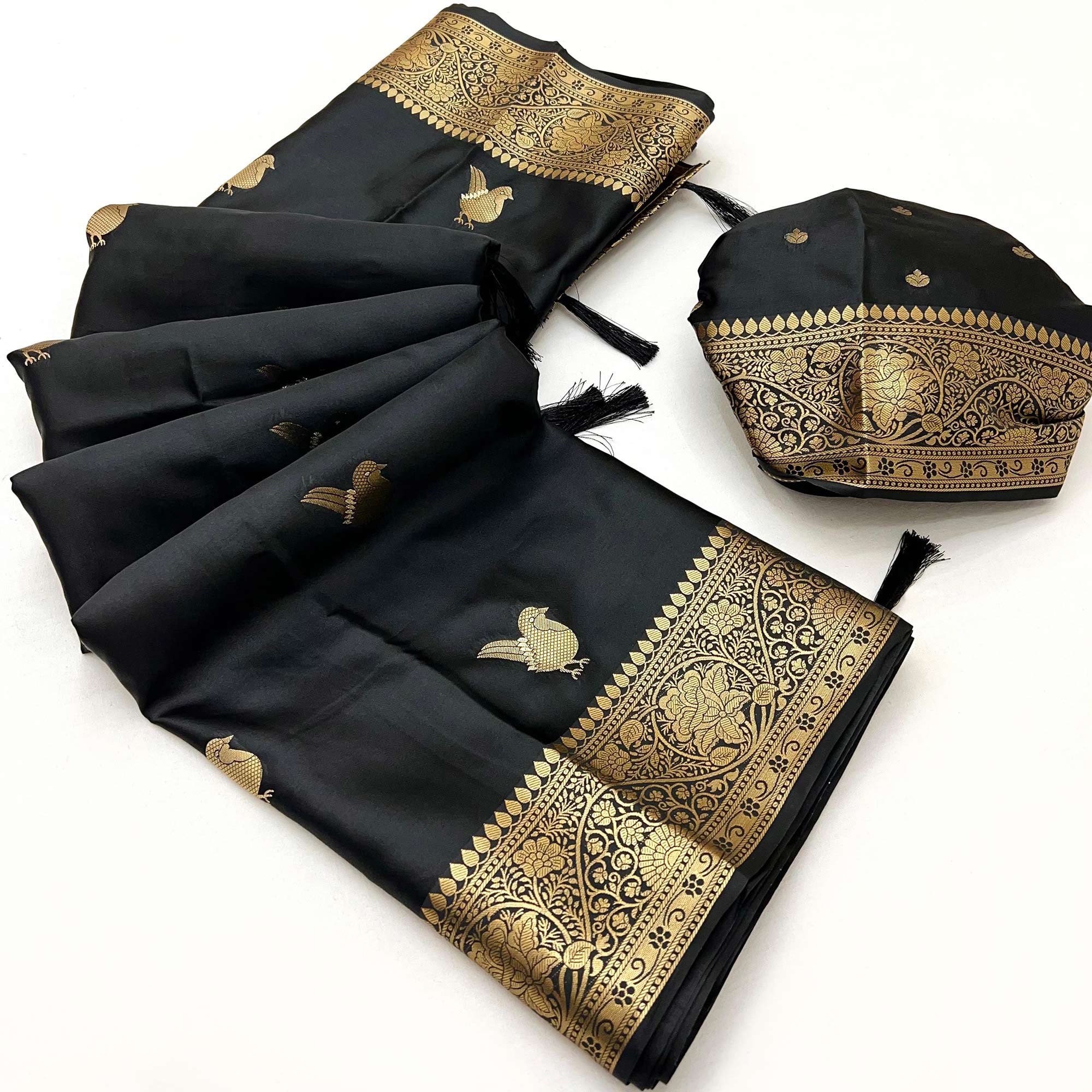 Black Satin Silk Saree With Zari Woven Bird Motifs & Elegant Tassel Border