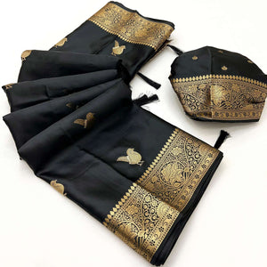 Black Satin Silk Saree With Zari Woven Bird Motifs & Elegant Tassel Border