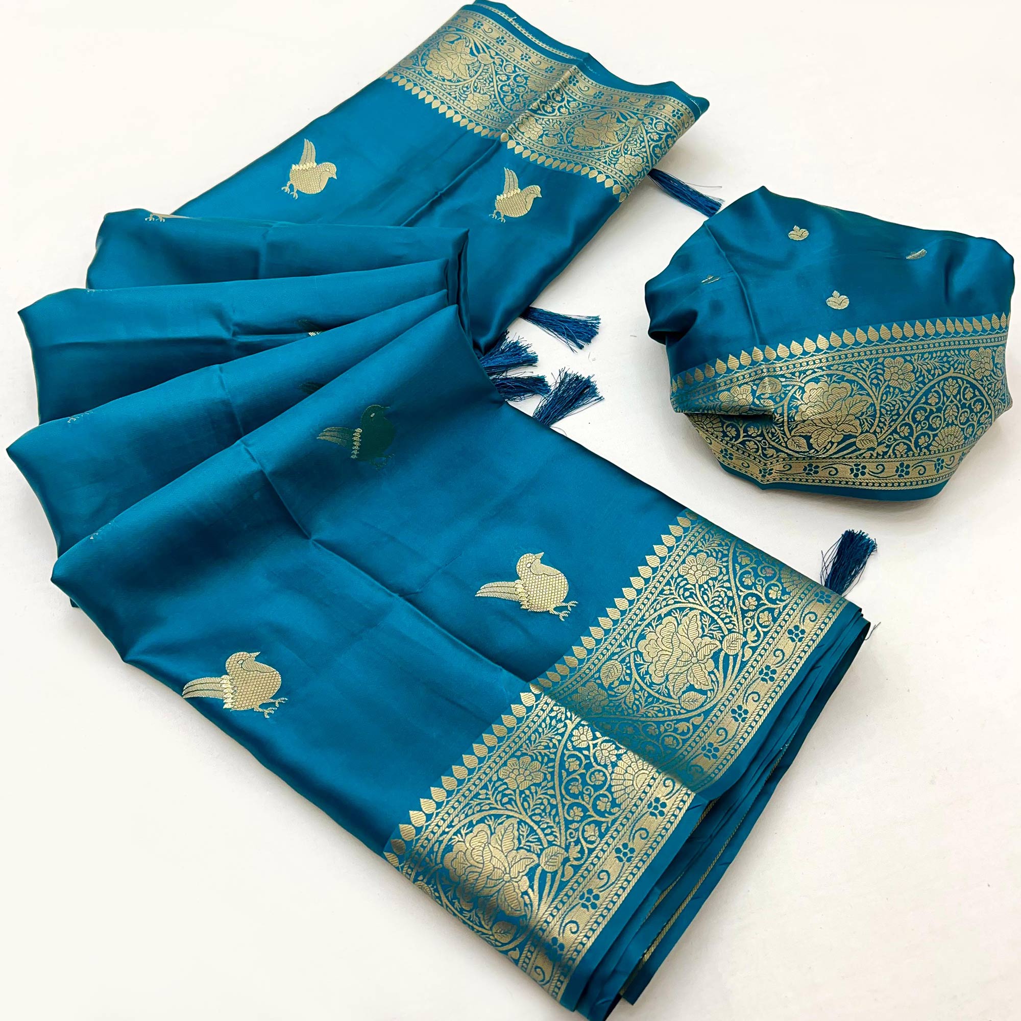 Blue Satin Silk Saree With Zari Woven Bird Motifs & Elegant Tassel Border