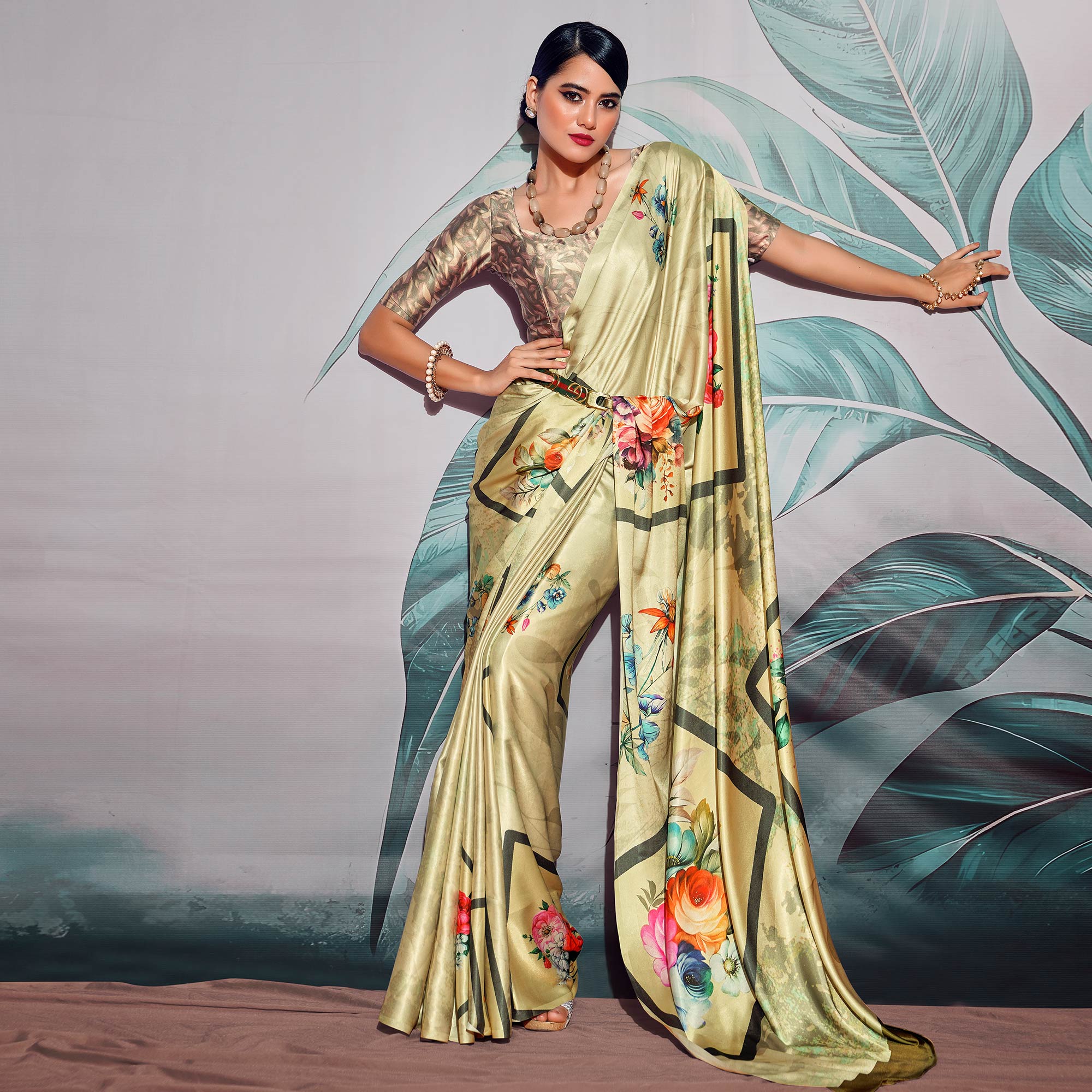 Light Green Digital Printed Satin Saree