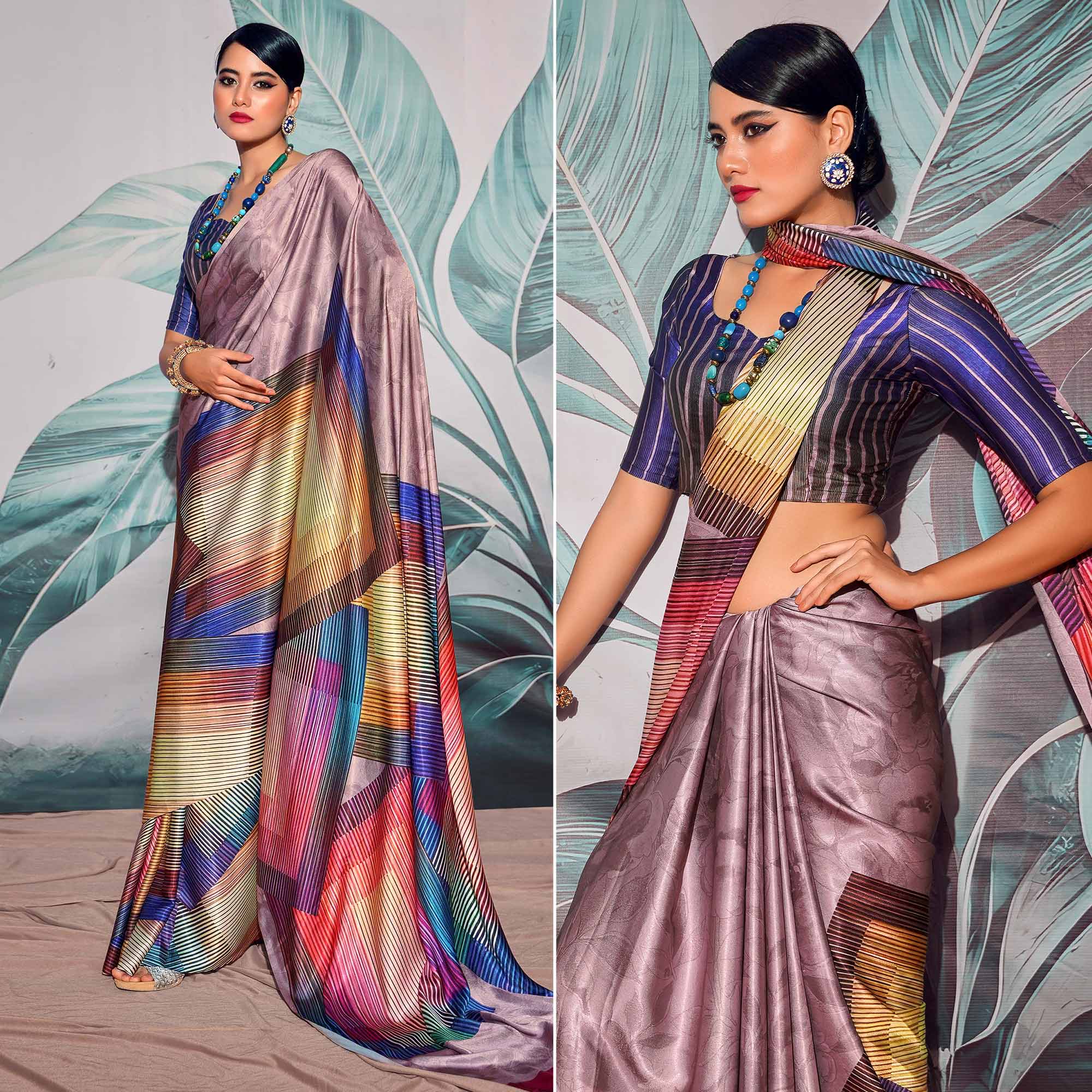 Multicolor Digital Printed Satin Saree