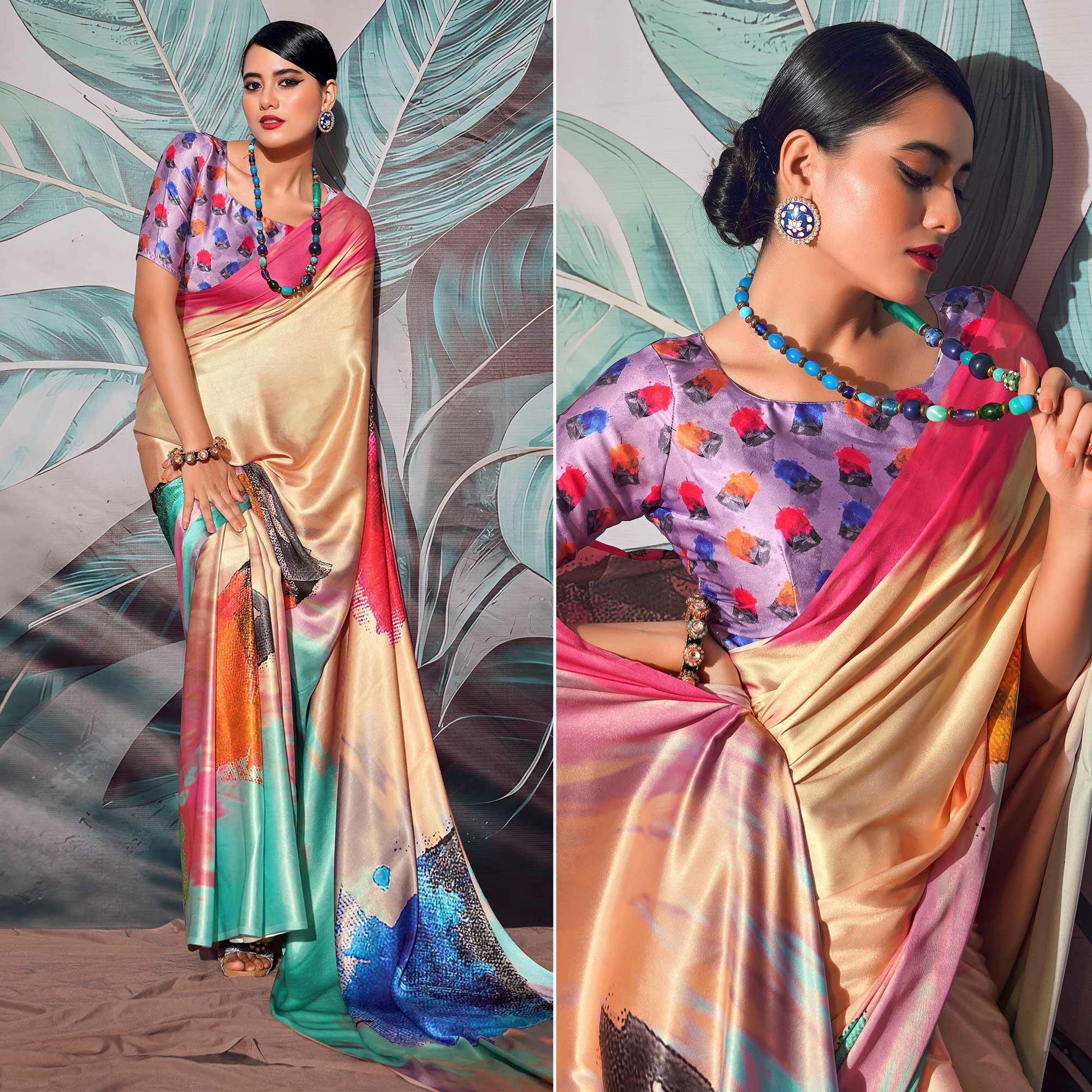 Multicolor Digital Printed Satin Saree