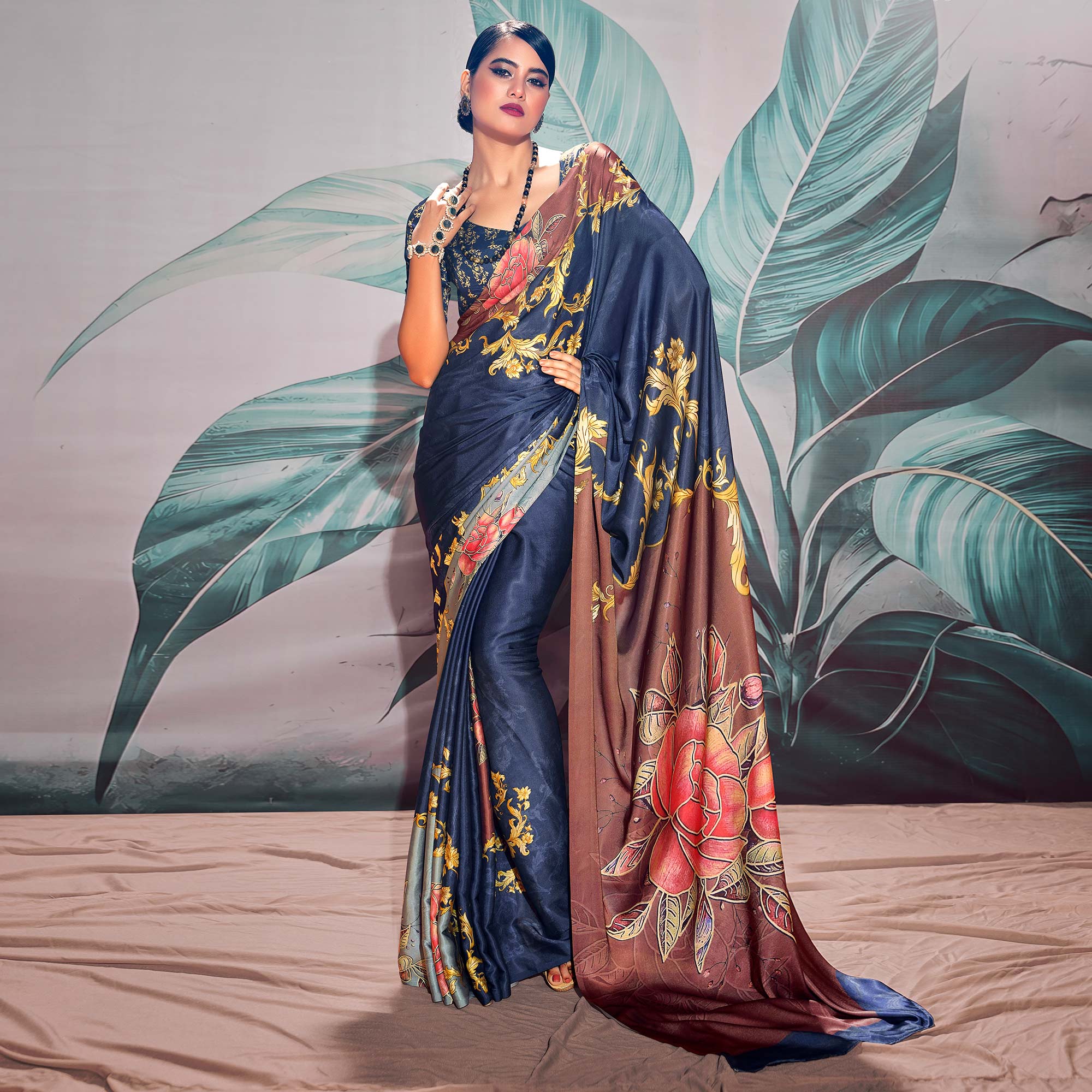 Blue Digital Printed Satin Saree