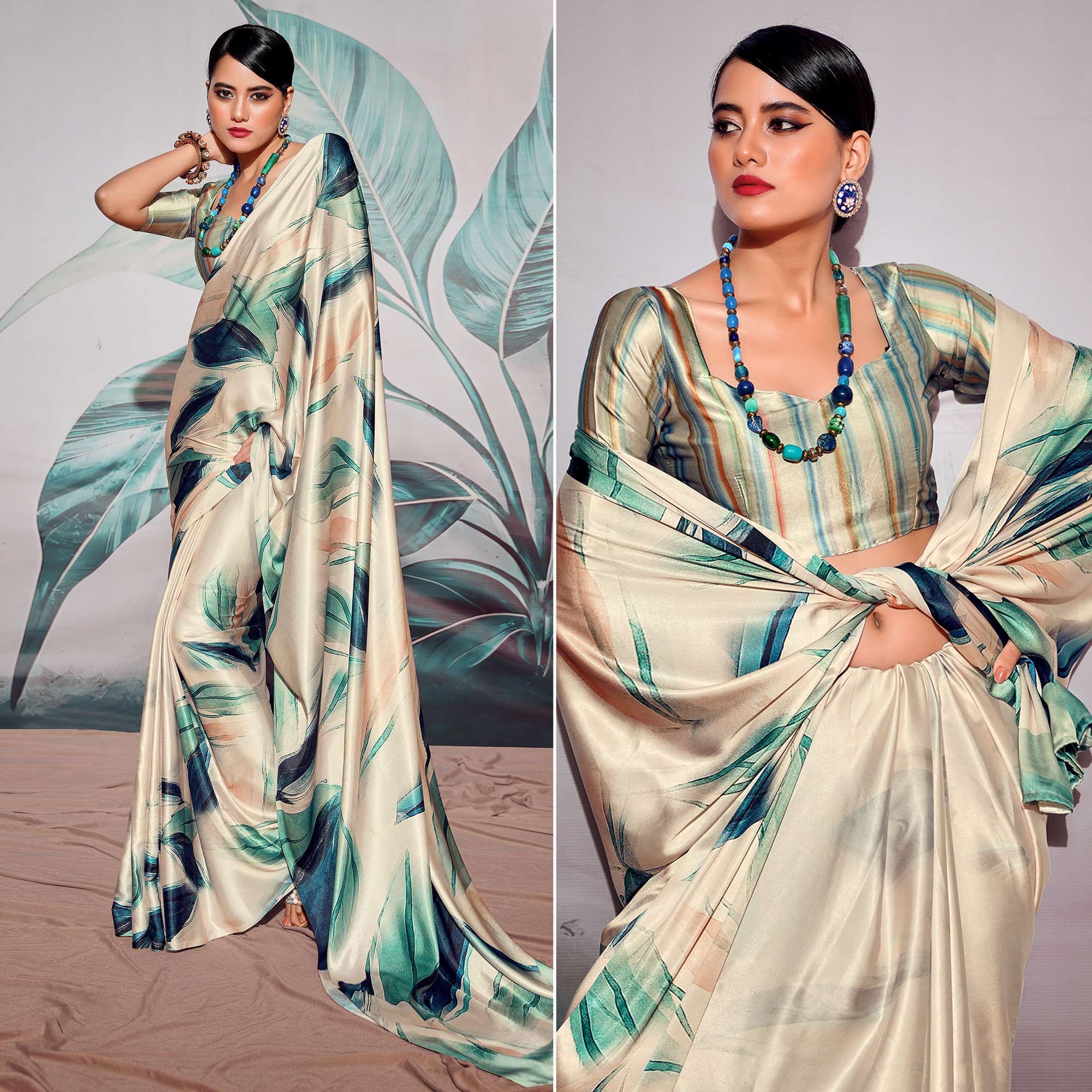 Off White Digital Printed Satin Saree